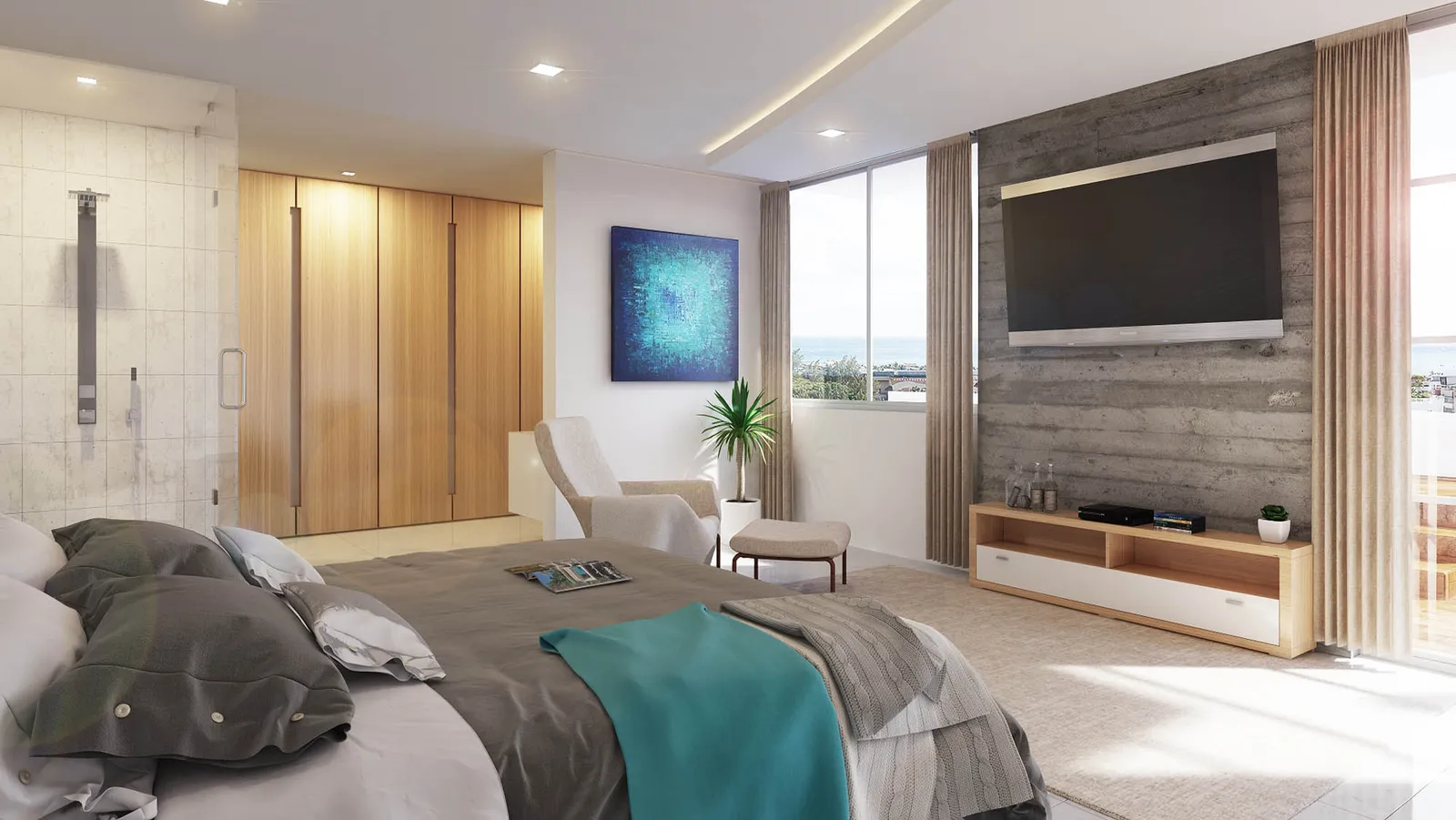 3D render of a modern bedroom with sea view
