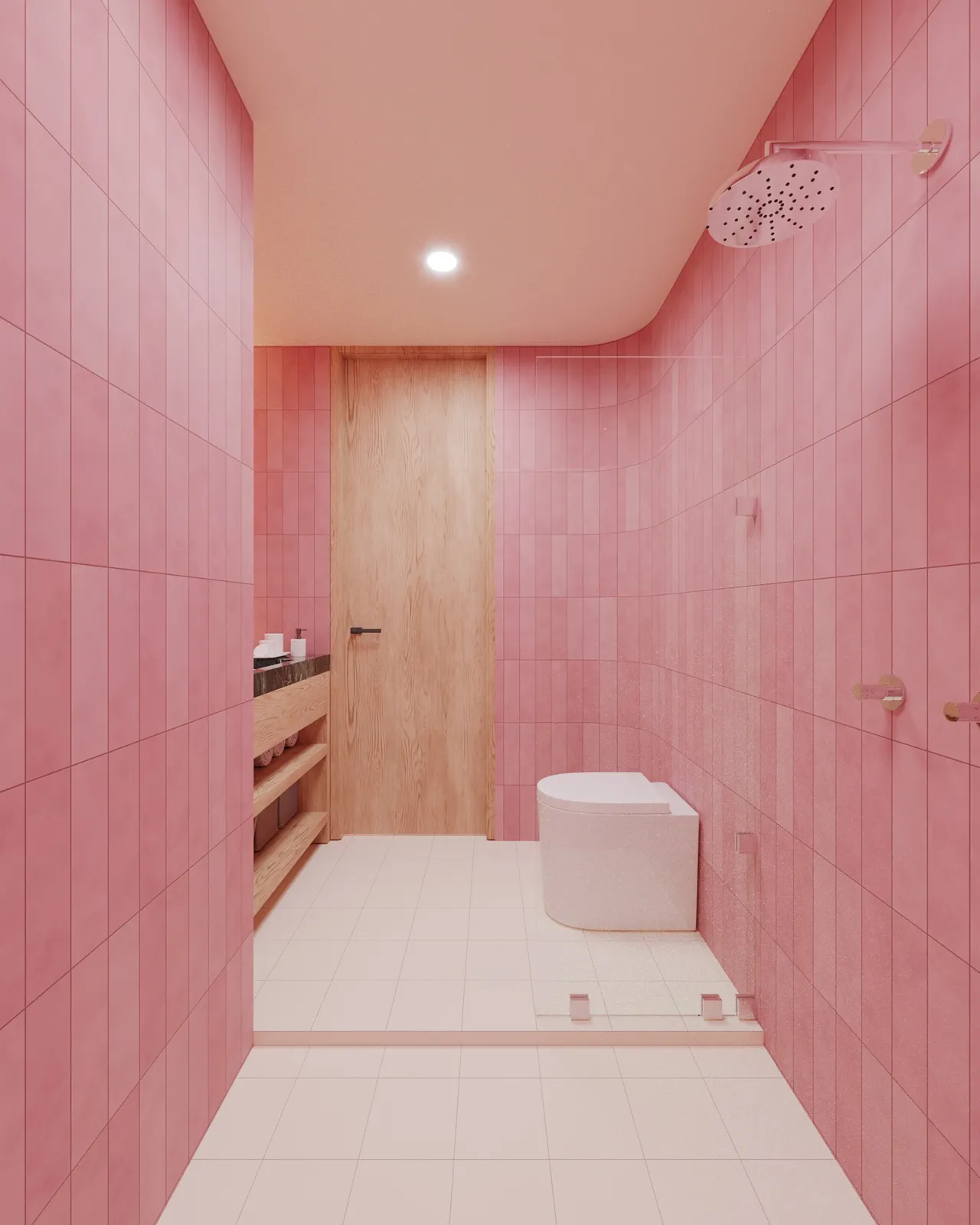 Pink tiled bathroom with wooden door and modern fixtures