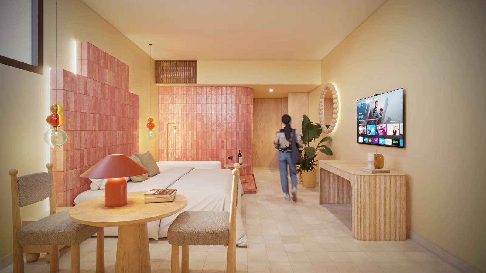 3D render of a modern bedroom with pink tiled walls