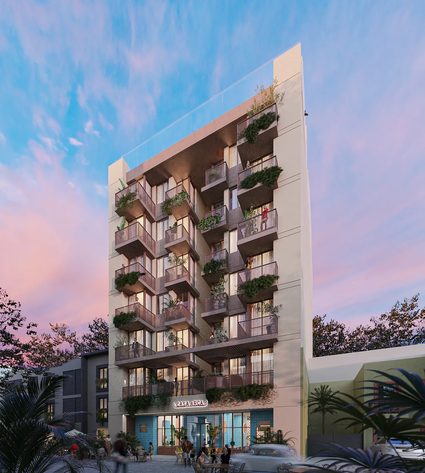 Architectural rendering of a modern apartment building exterior