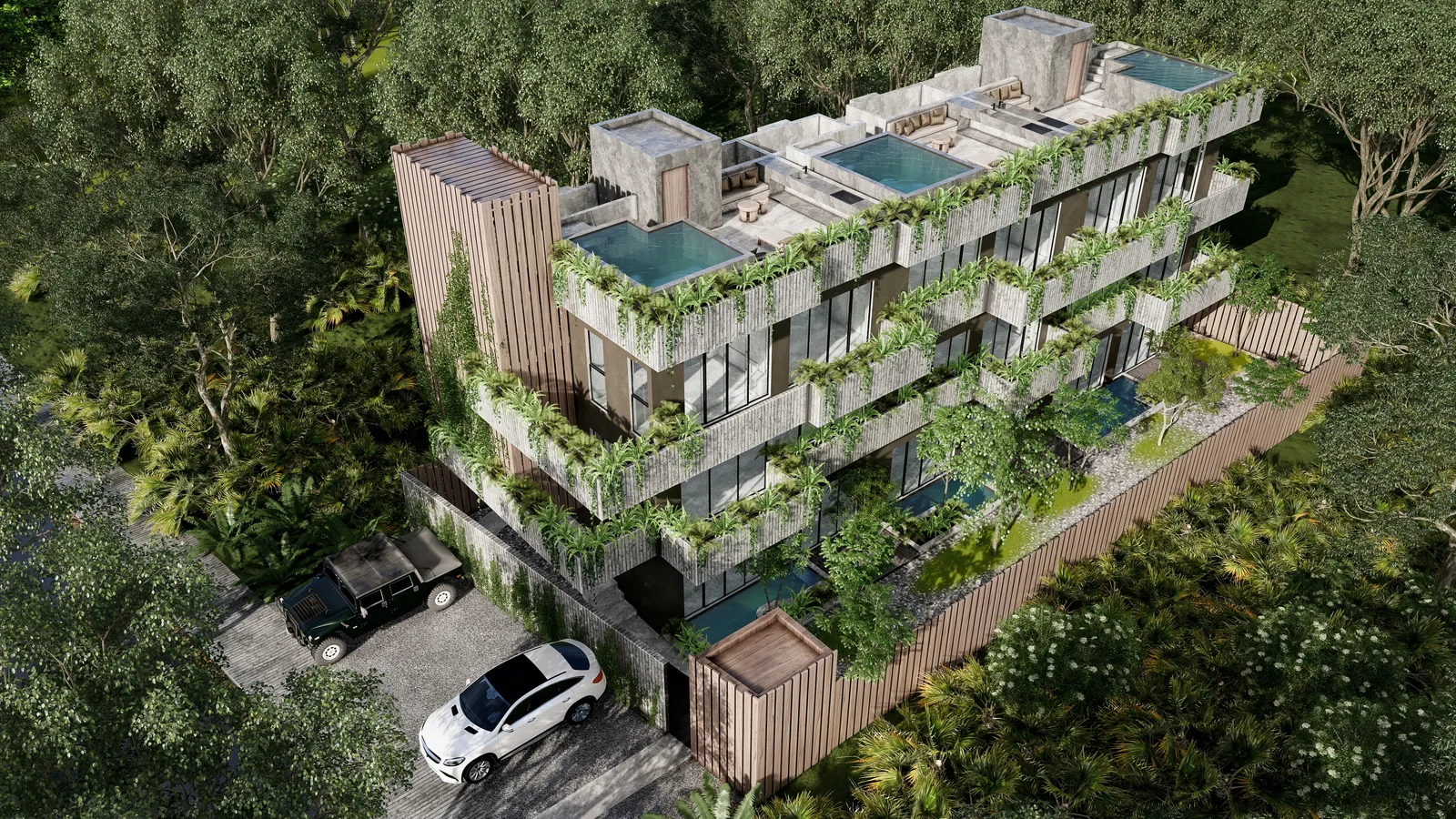 Aerial view of a modern luxury villa with rooftop pools
