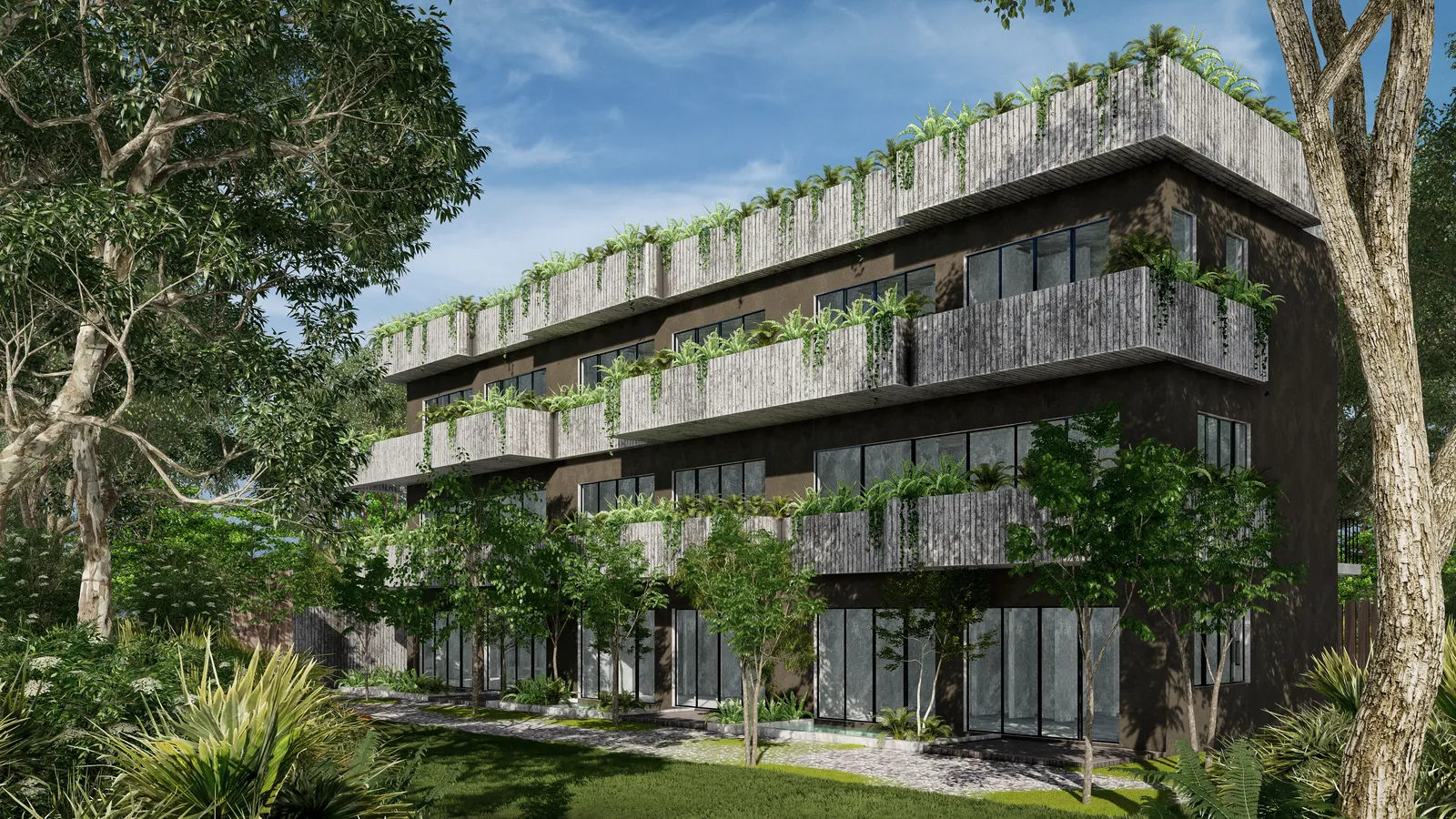 Modern apartment building with green balconies and surrounding trees
