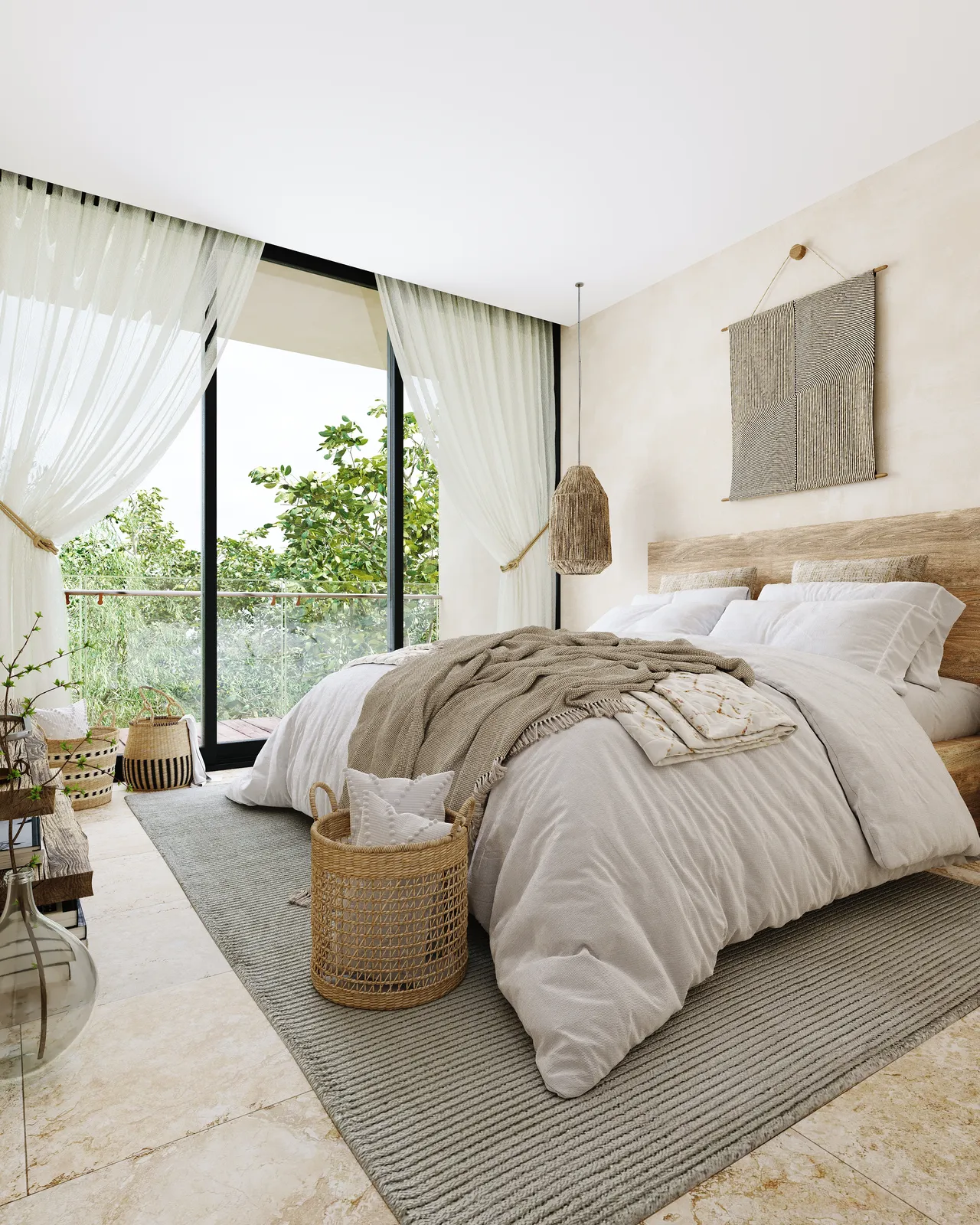 Bedroom with wooden headboard and balcony view