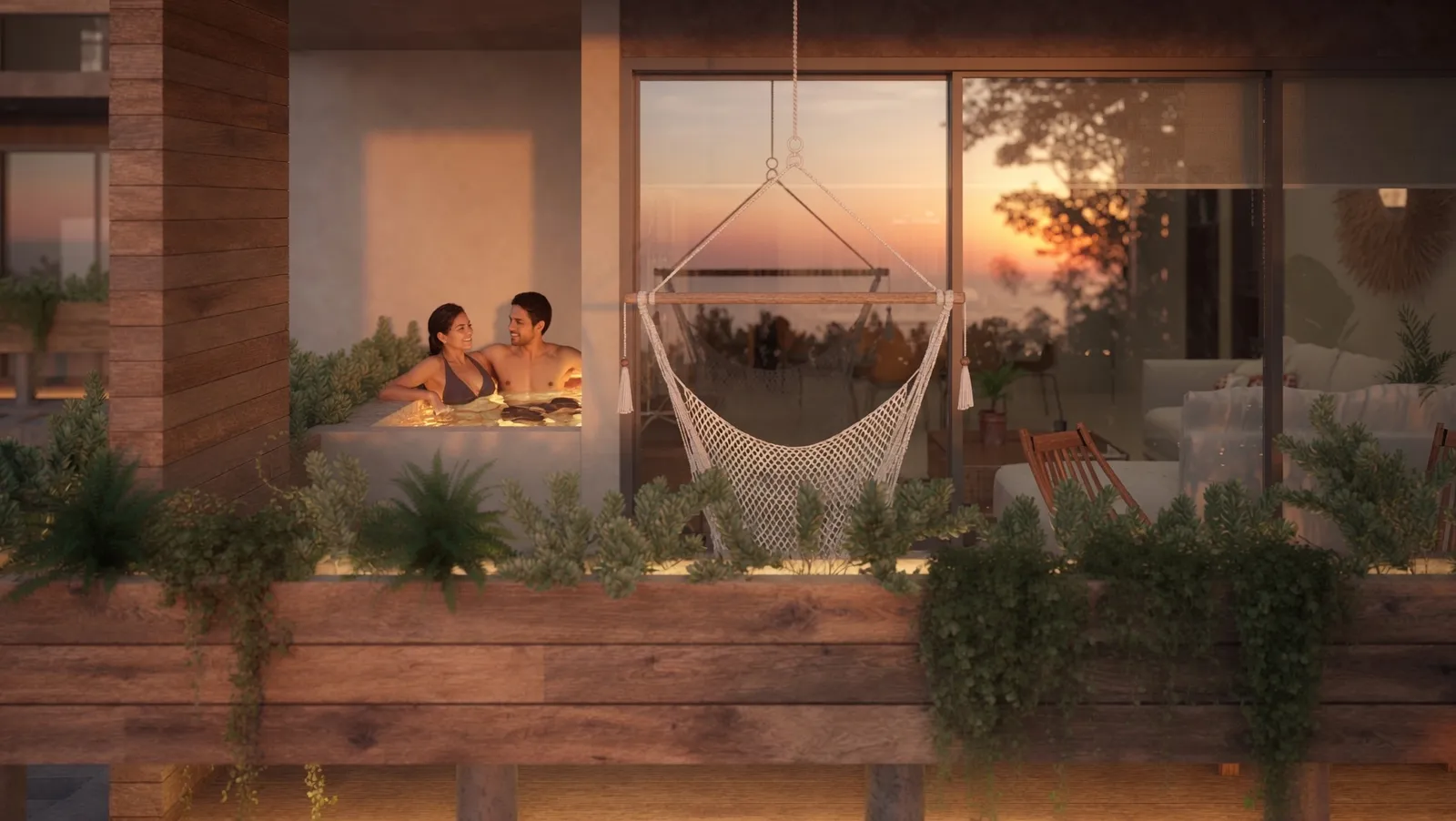 3D render of a terrace with jacuzzi and hanging chair