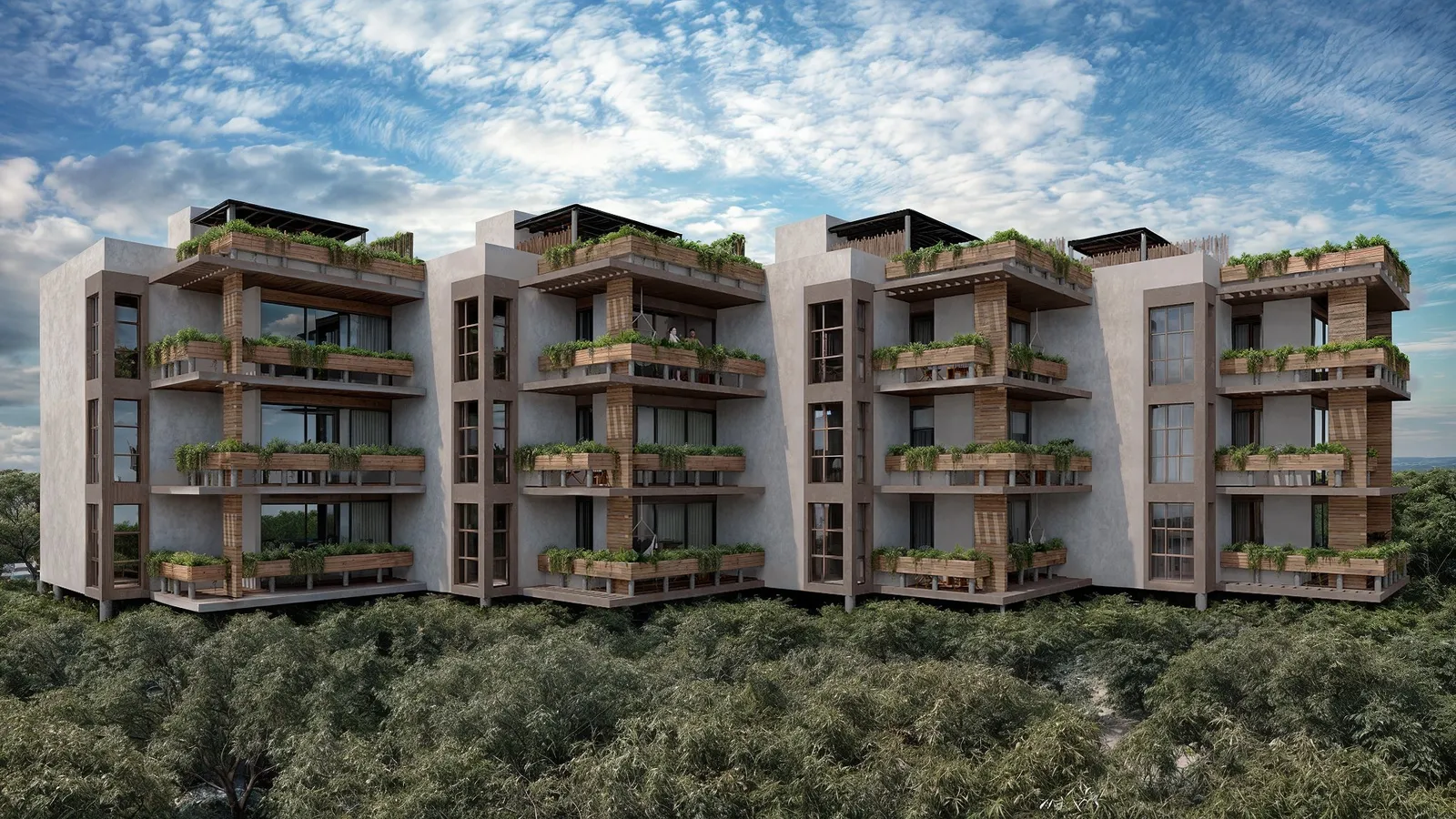 Modern apartment building exterior with balconies and greenery