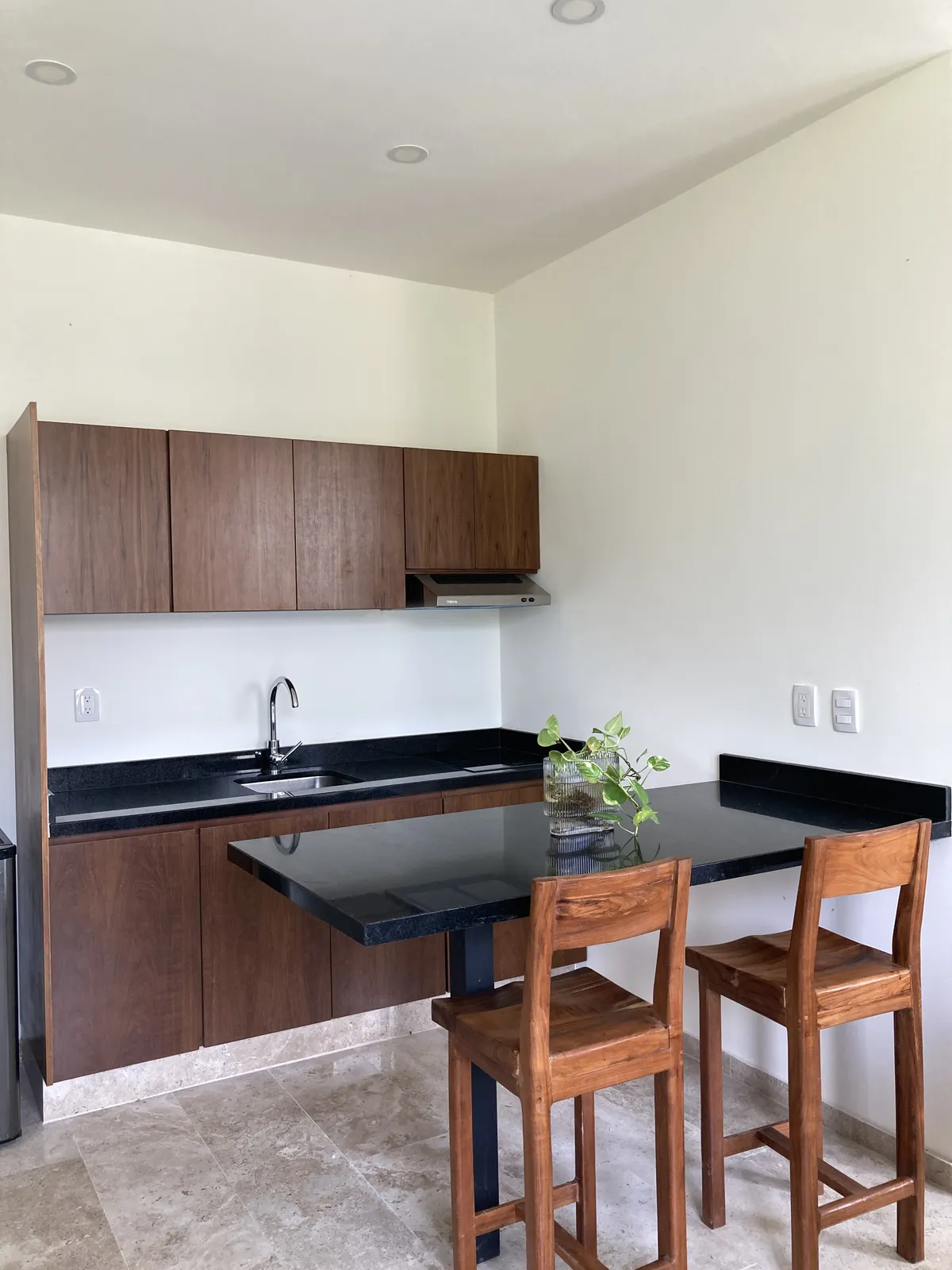 Kitchen with wooden cabinets and breakfast bar seating