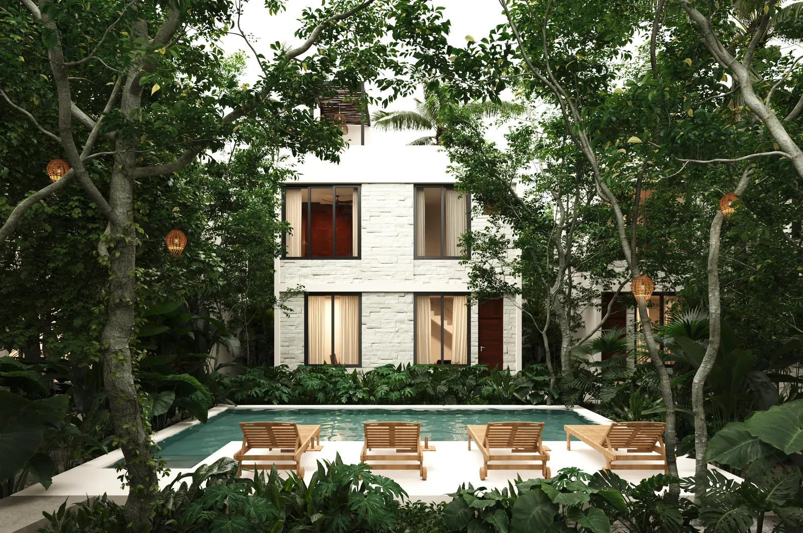 Modern white building with pool and lush garden