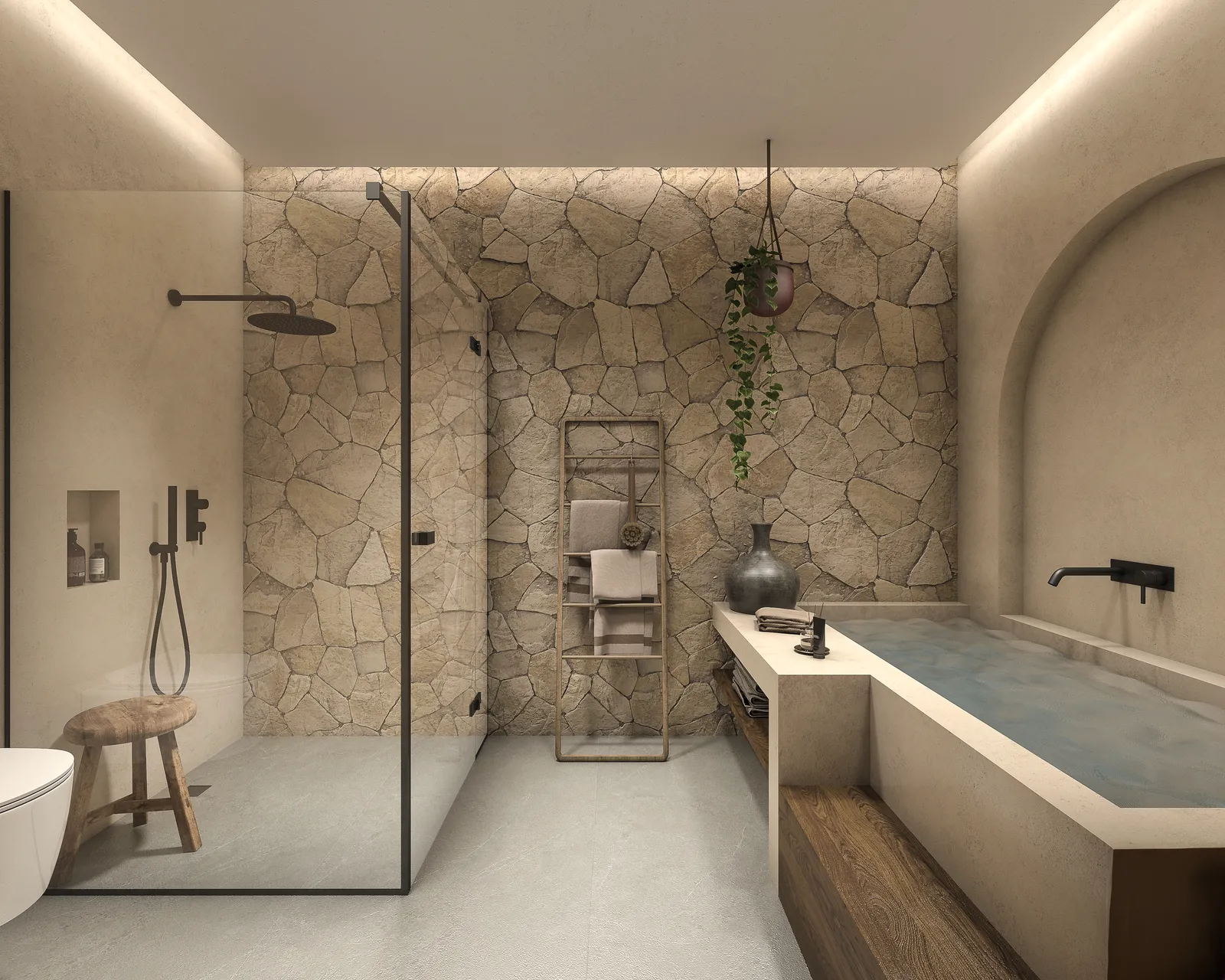 Modern bathroom with stone wall and bathtub