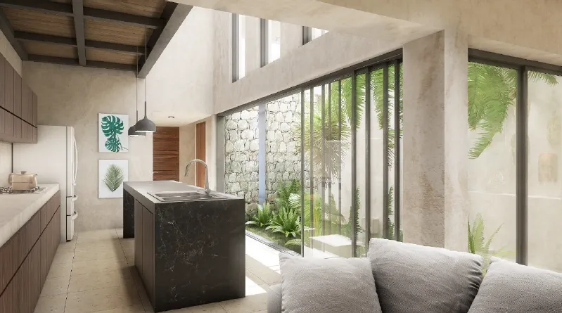 Modern kitchen and living area with garden view