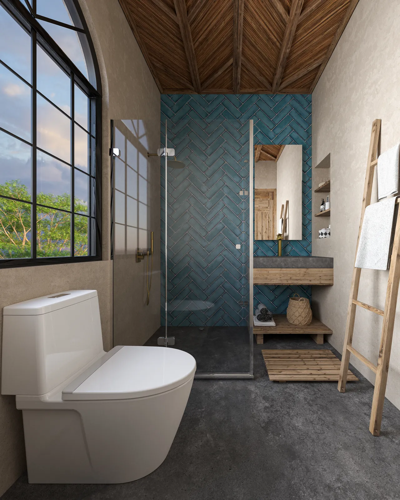 Modern bathroom with blue herringbone tiles and wooden ceiling