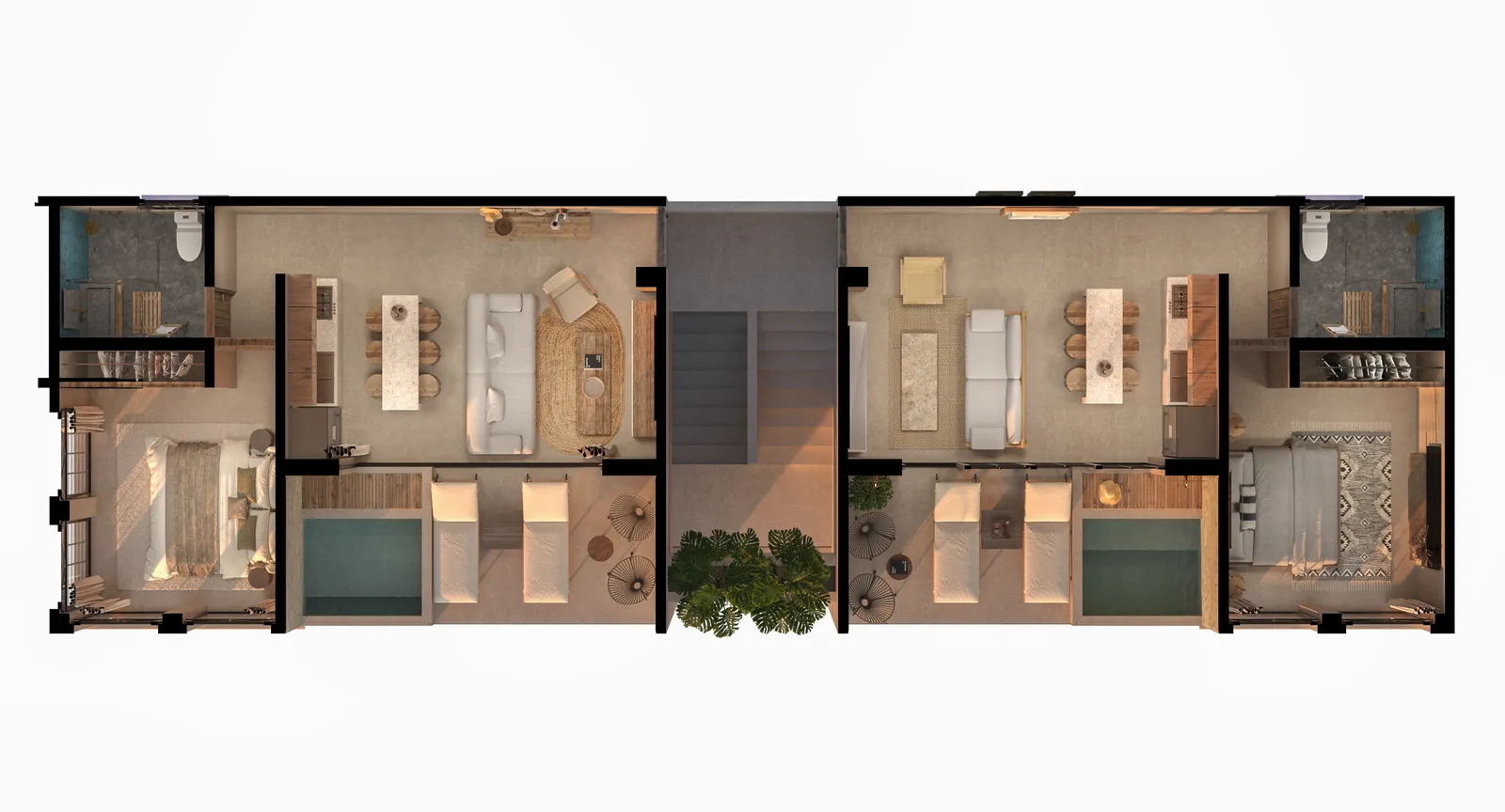 3D floor plan showing two apartment layouts with furniture