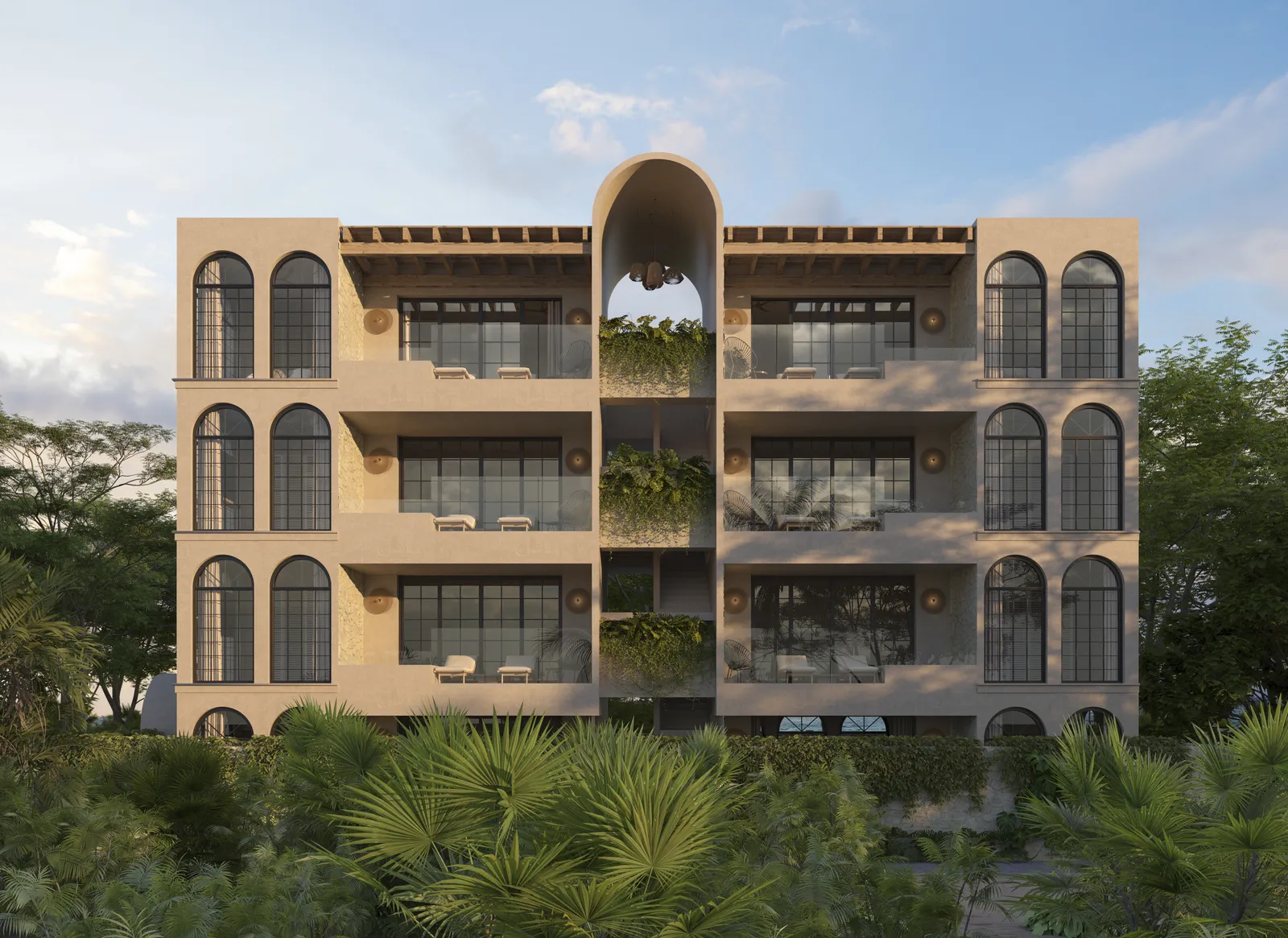 Modern building exterior with arched windows and tropical landscaping