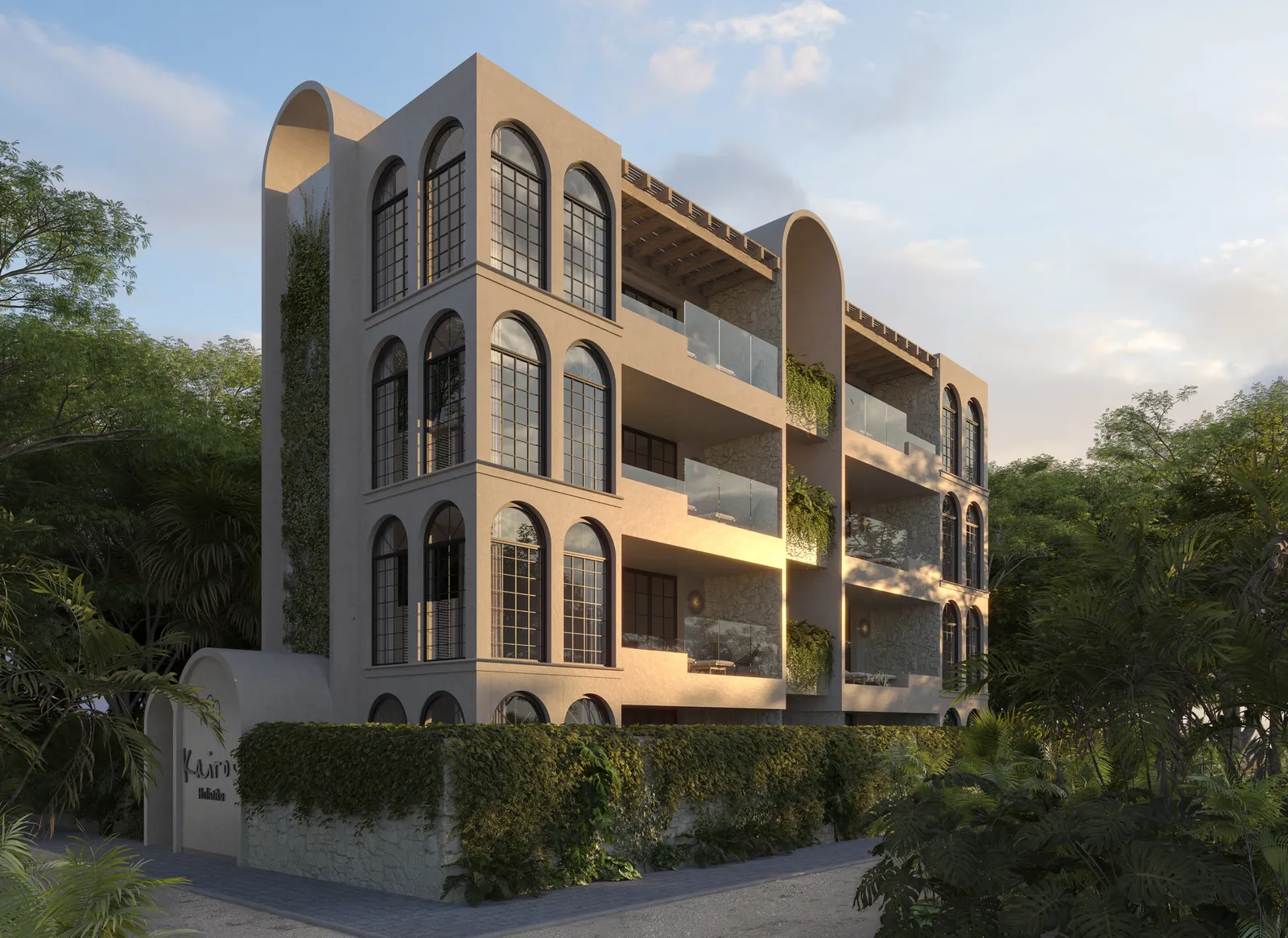 Architectural render of a modern multi-story building with arched windows