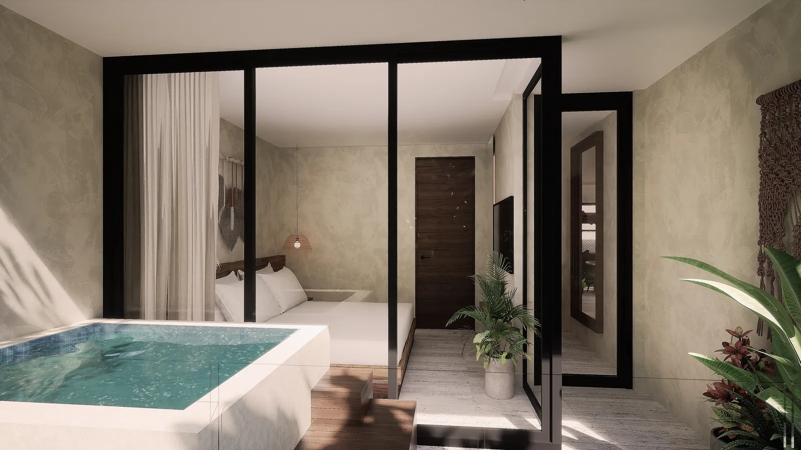 Modern bedroom with private plunge pool and glass walls