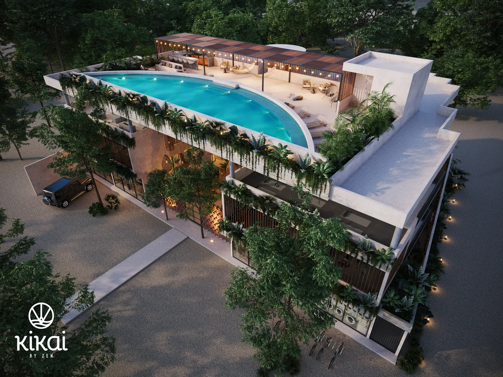 Aerial 3D render of a building with a rooftop pool.