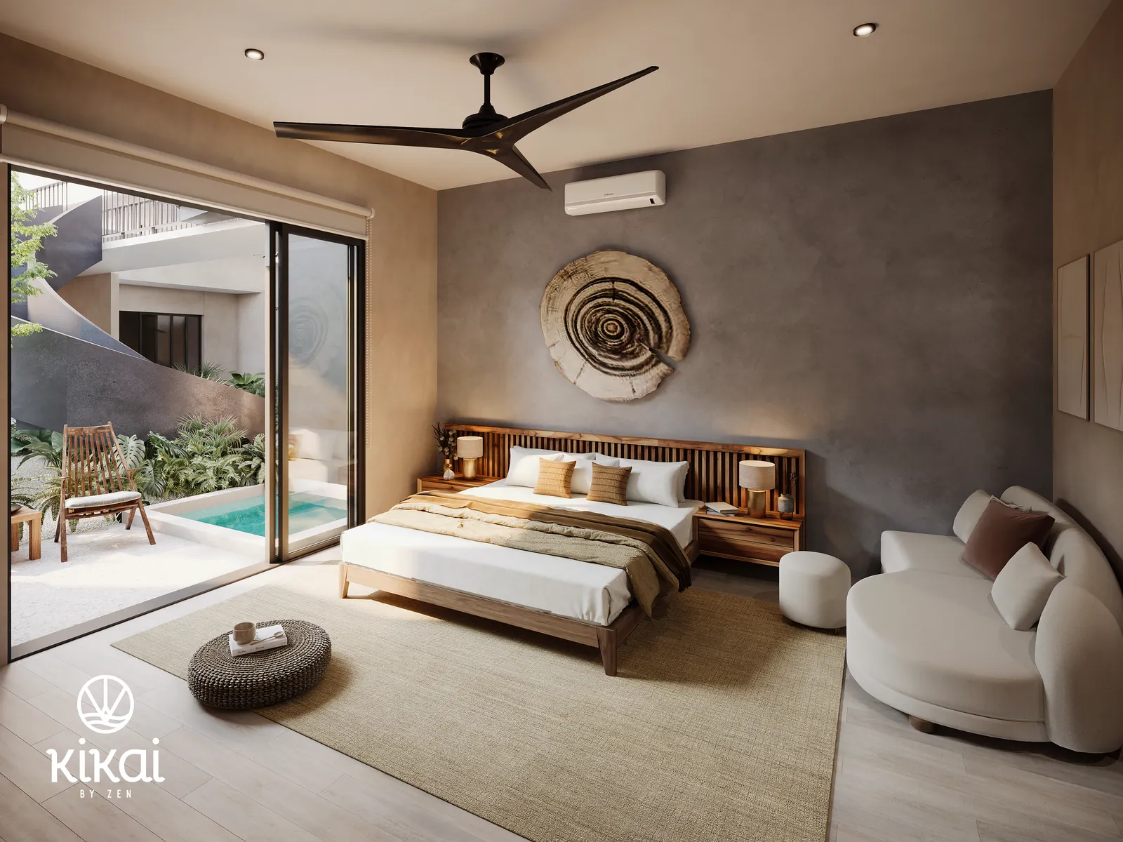 Modern bedroom interior with pool view and wooden furniture