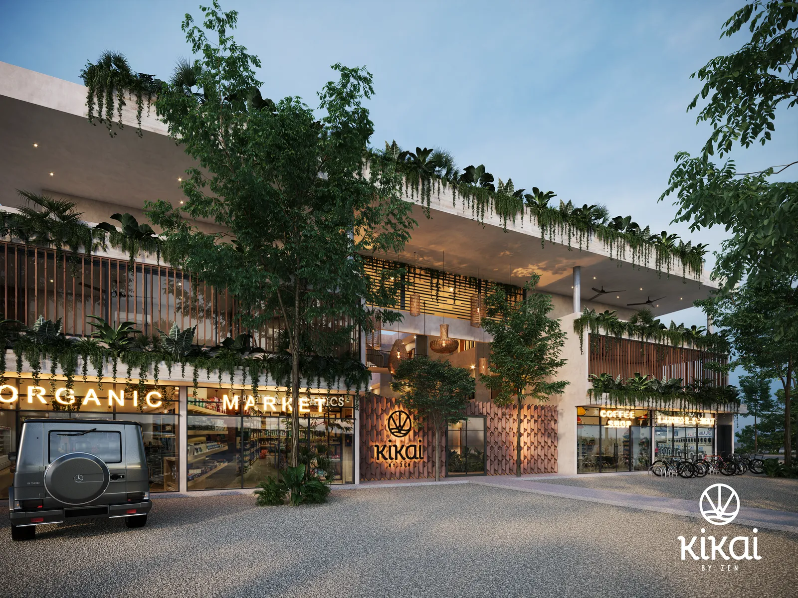 Modern building exterior with shops and greenery