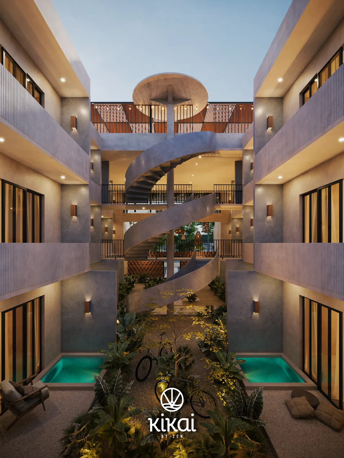 Architectural render of a courtyard with spiral staircase