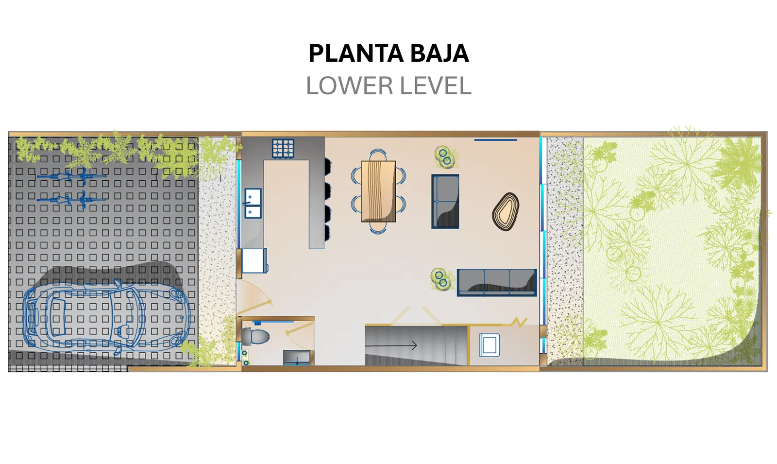 Floor plan showing lower level layout with parking and garden.