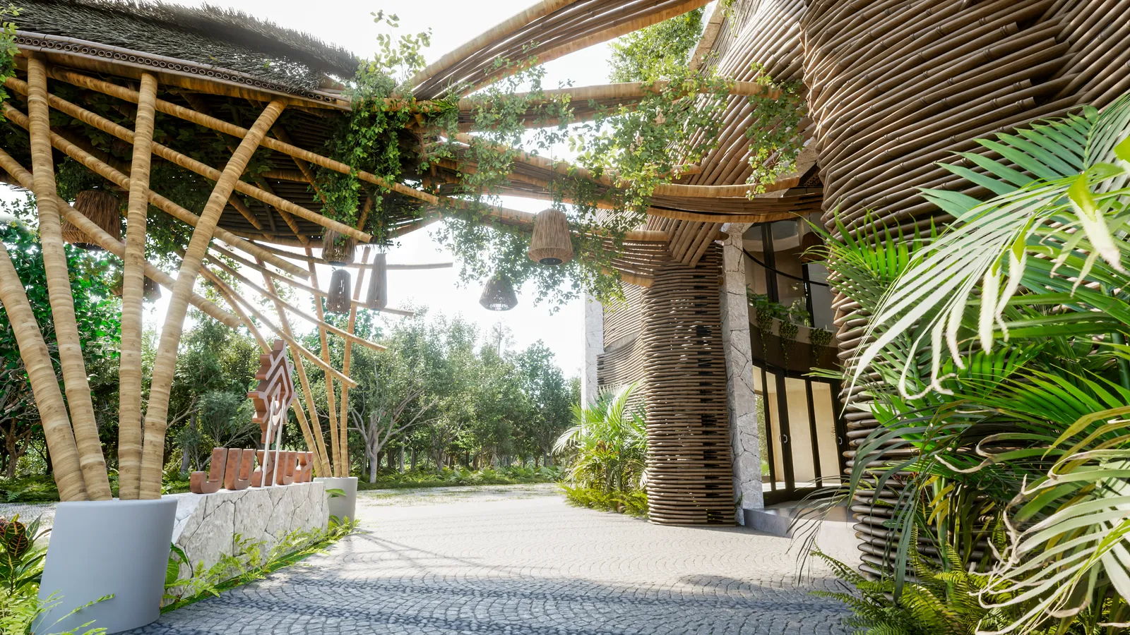 Bamboo architectural entrance with tropical landscaping and paved path