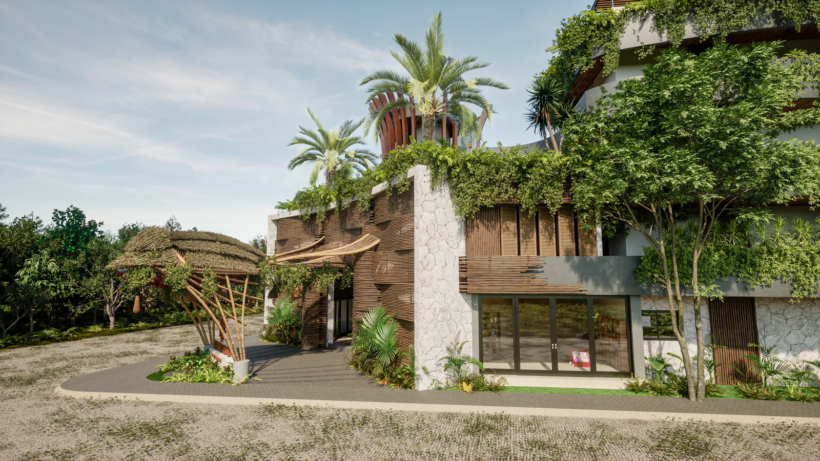 Modern building exterior with tropical landscaping and thatched roof