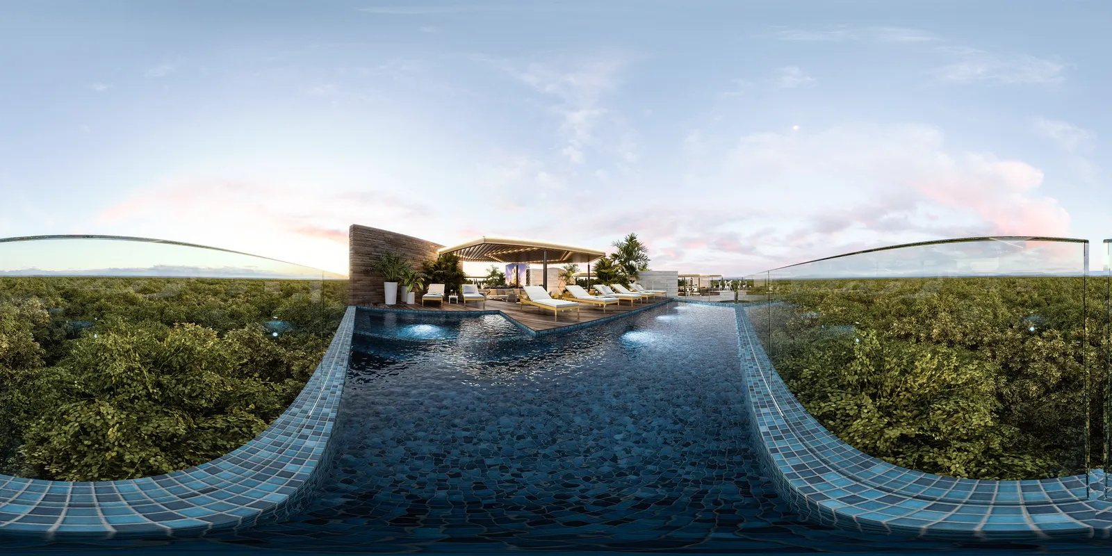 360 degree render of a rooftop infinity pool