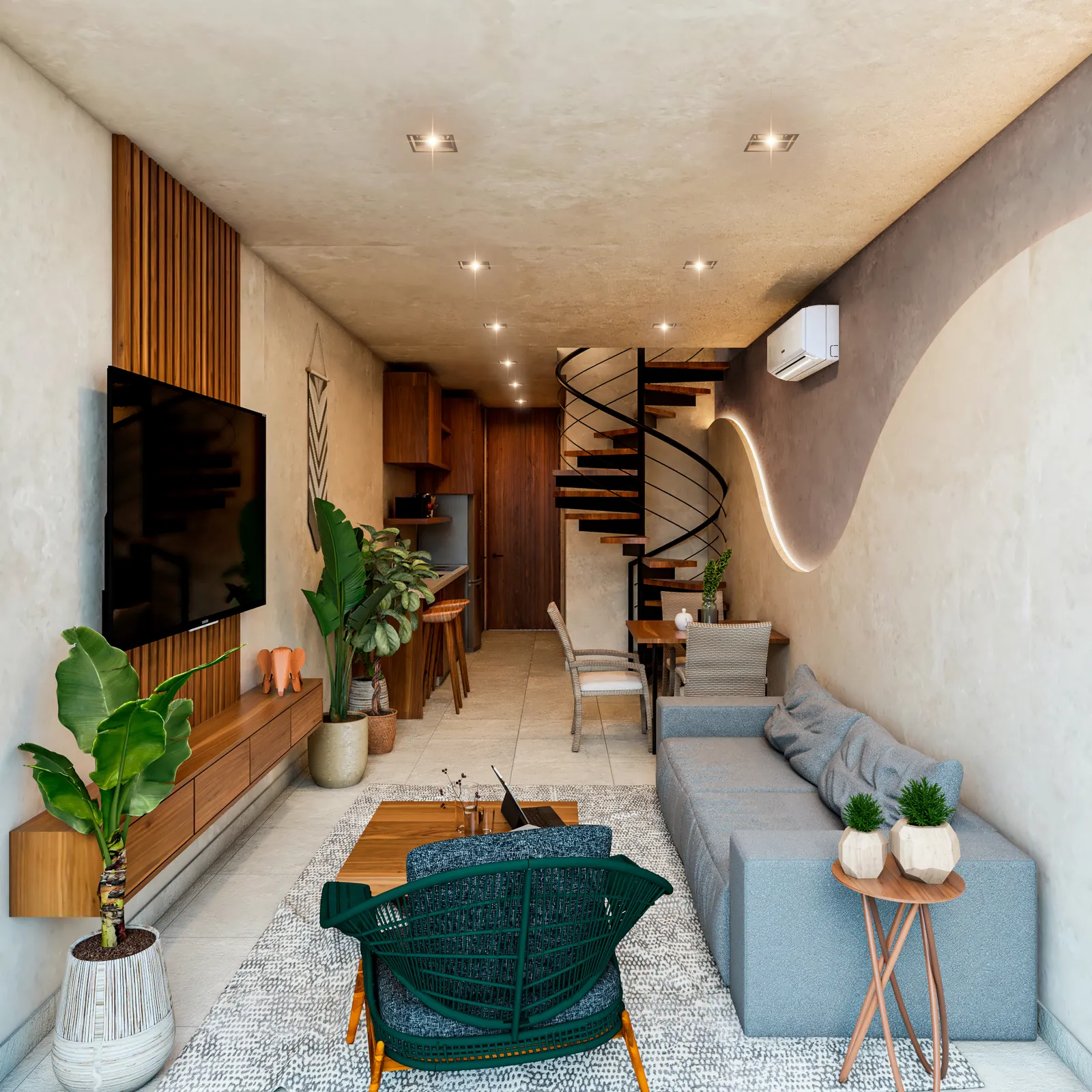 Modern living room with spiral staircase and wooden accents