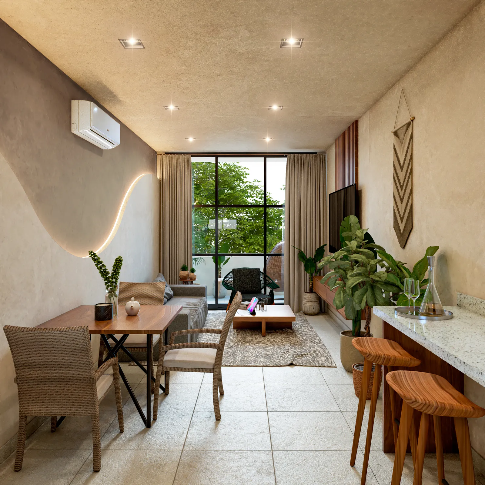 Furnished living and dining area with bar counter and plants