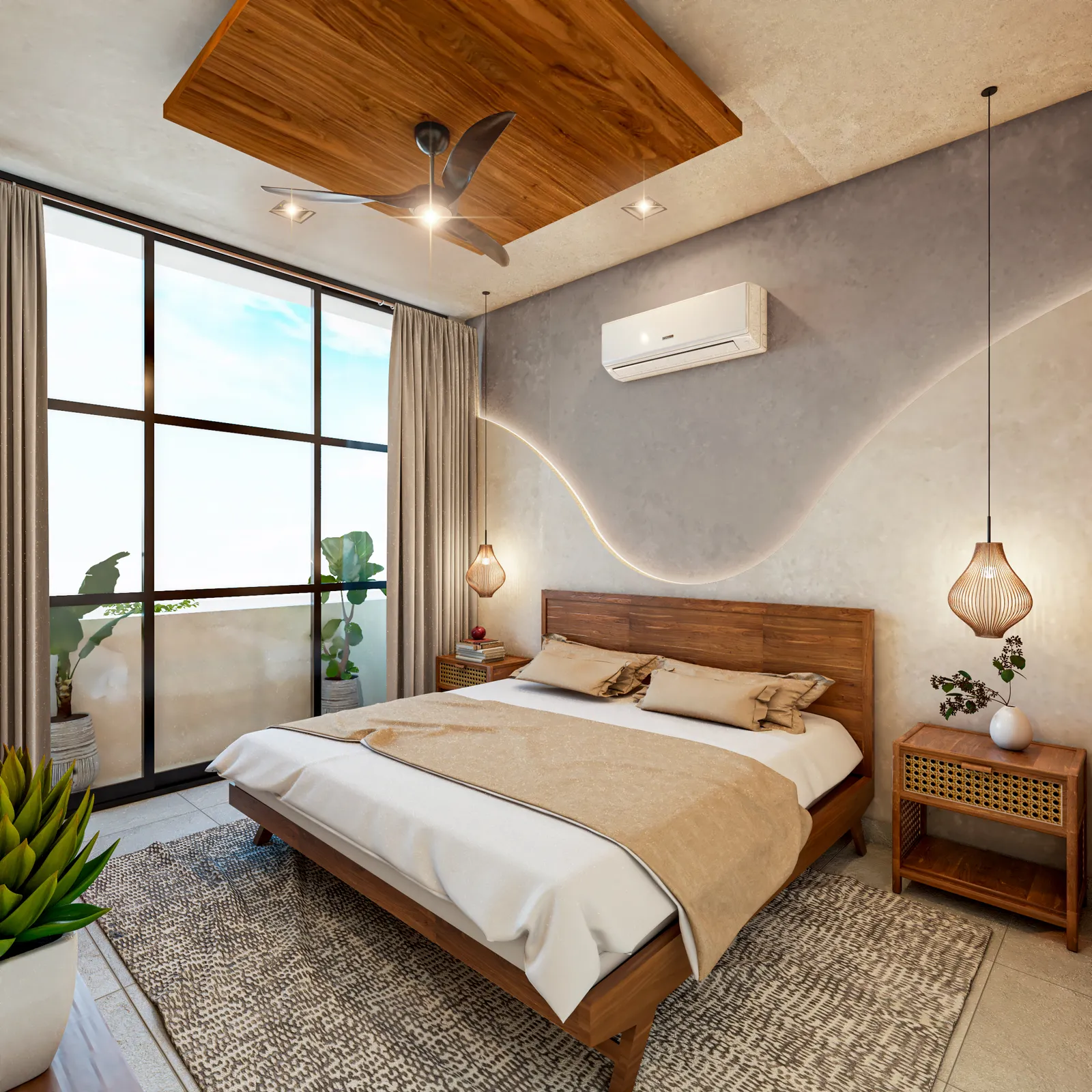 Modern bedroom render with wooden ceiling and large window