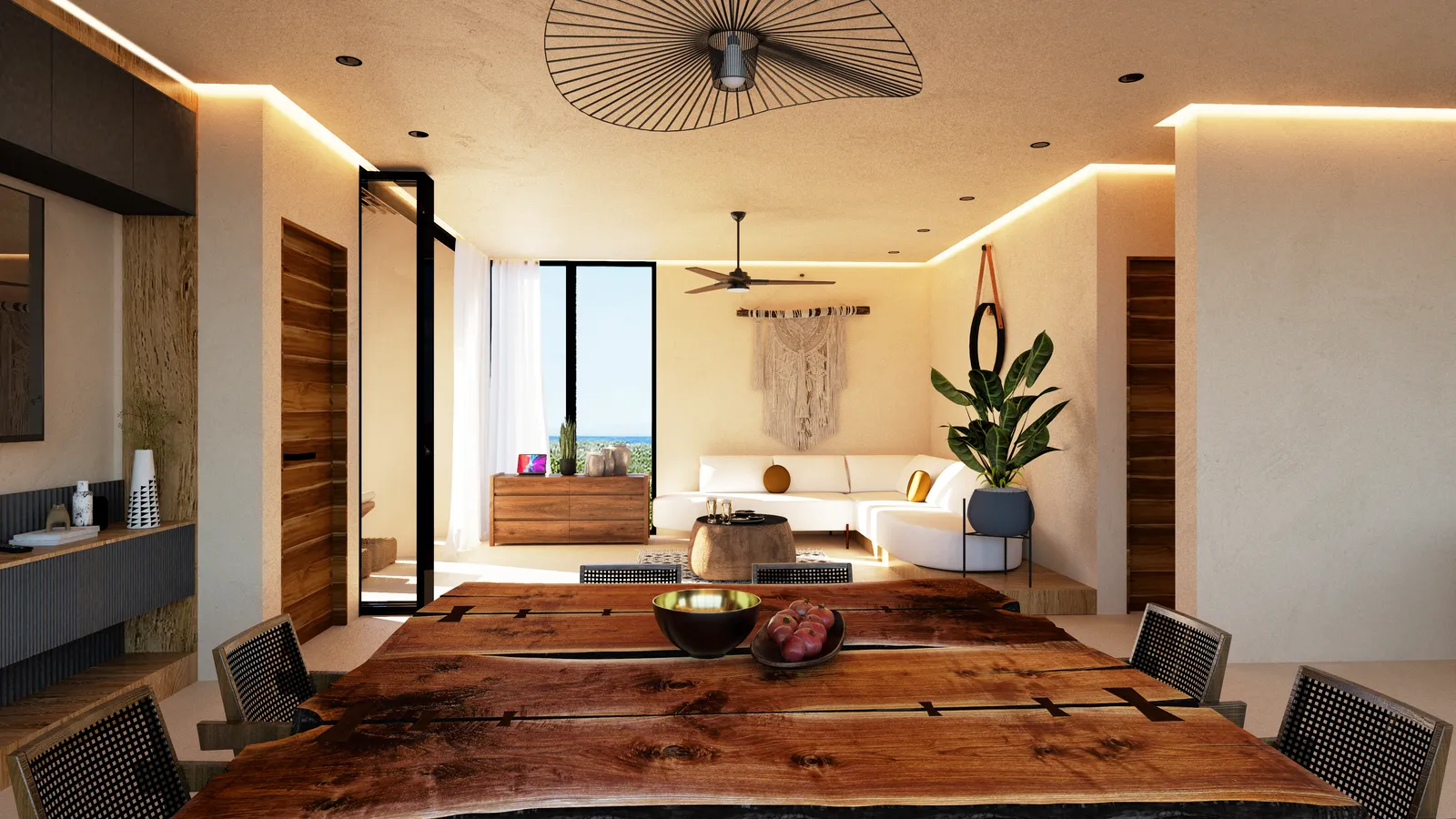 Modern open-plan dining and living area with ocean view