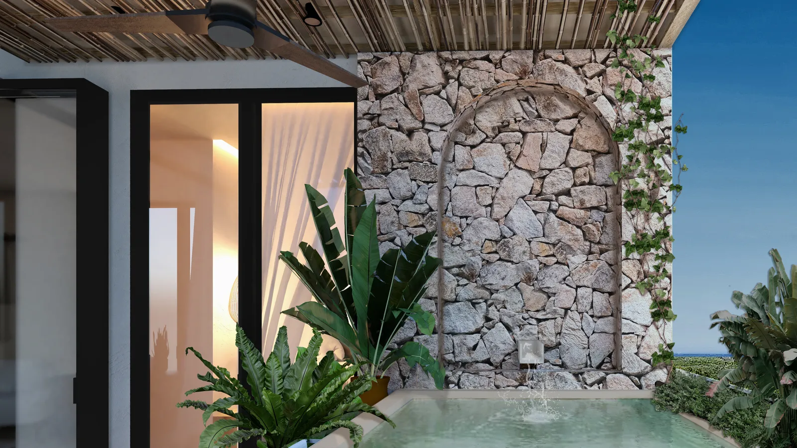 3D render of outdoor terrace with pool and stone wall