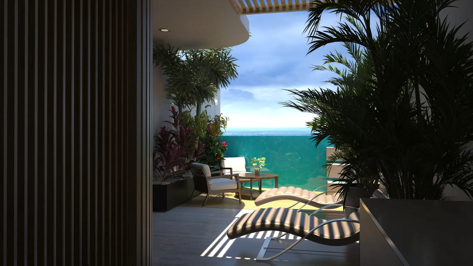 Modern terrace with lounge chairs and ocean view