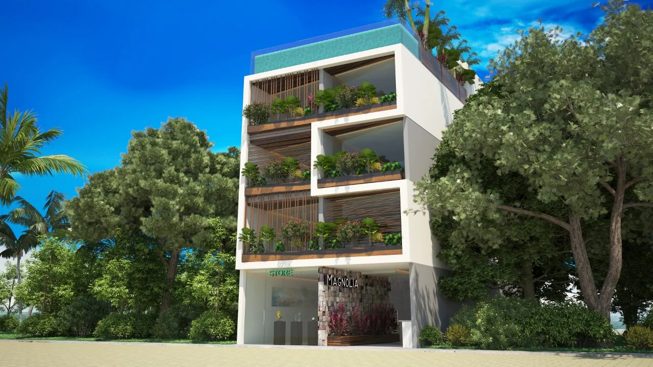 Architectural render of a modern building with a store