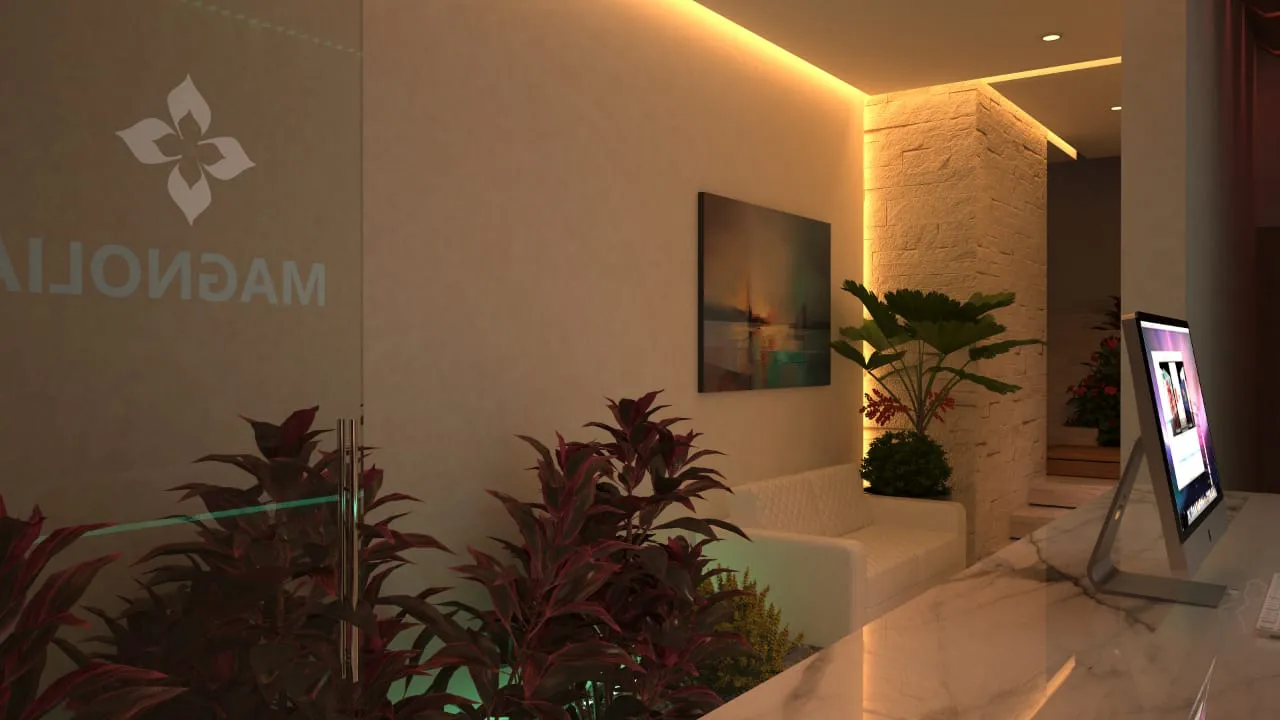 3D render of a modern lobby reception area
