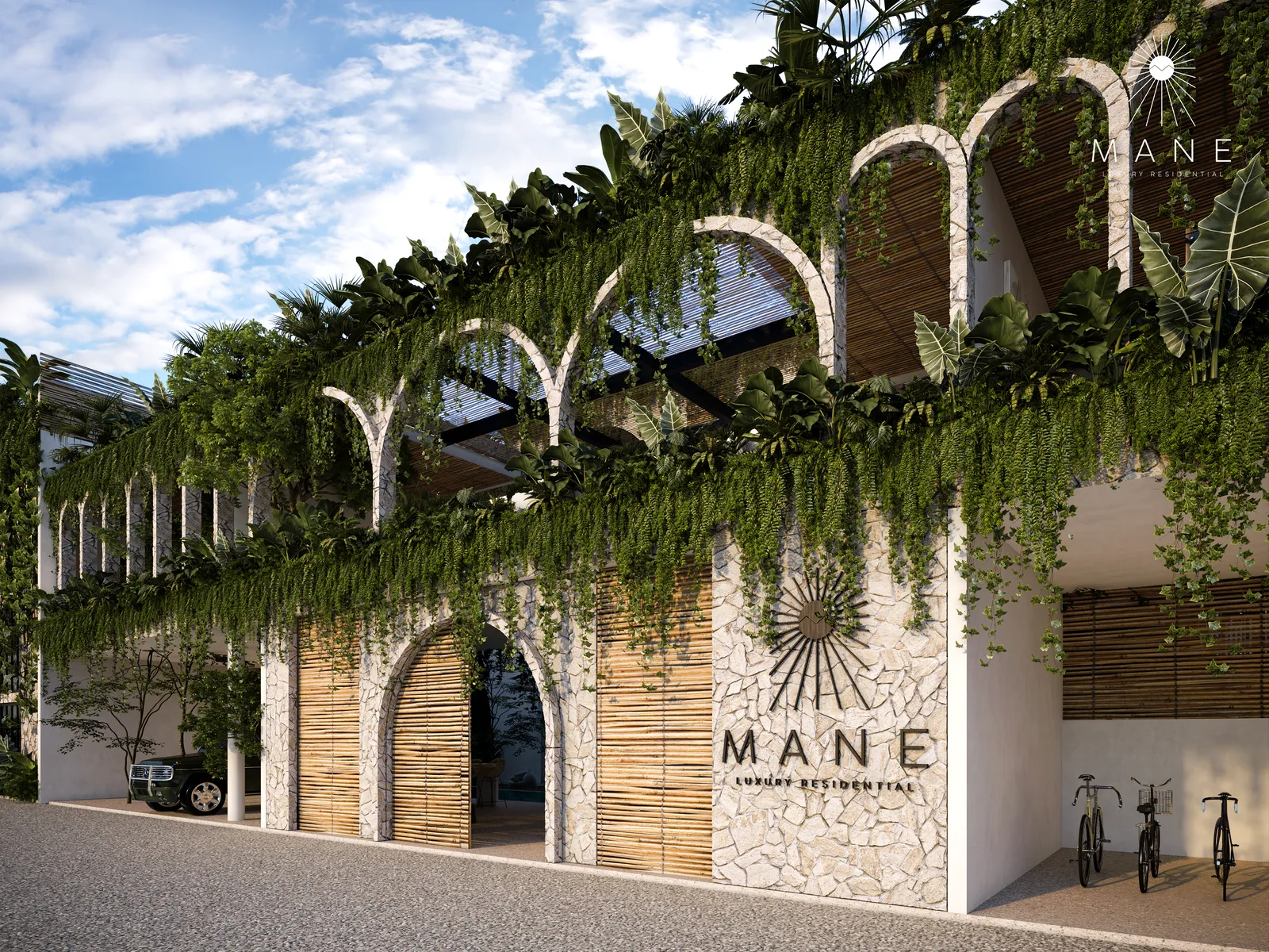 Architectural render of a lush green building facade with arches.