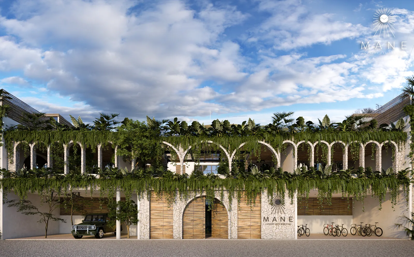 Architectural render of a building facade with lush greenery.