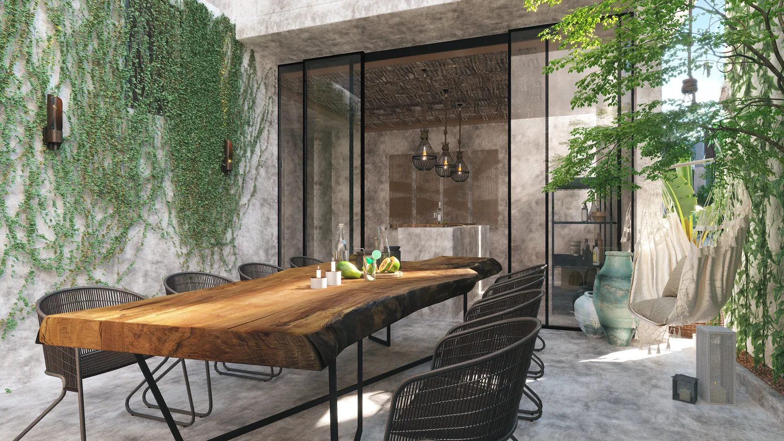 3D render of an outdoor patio with dining table