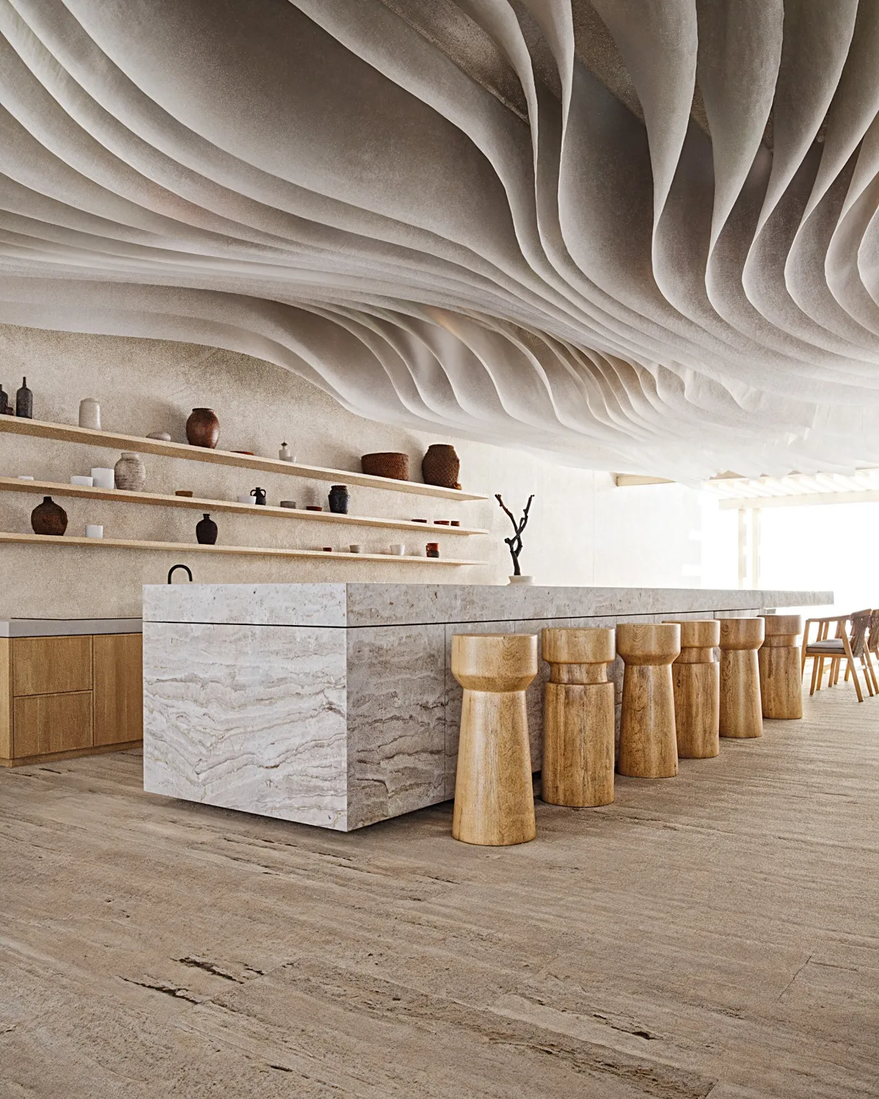 Modern kitchen with wavy ceiling and stone island