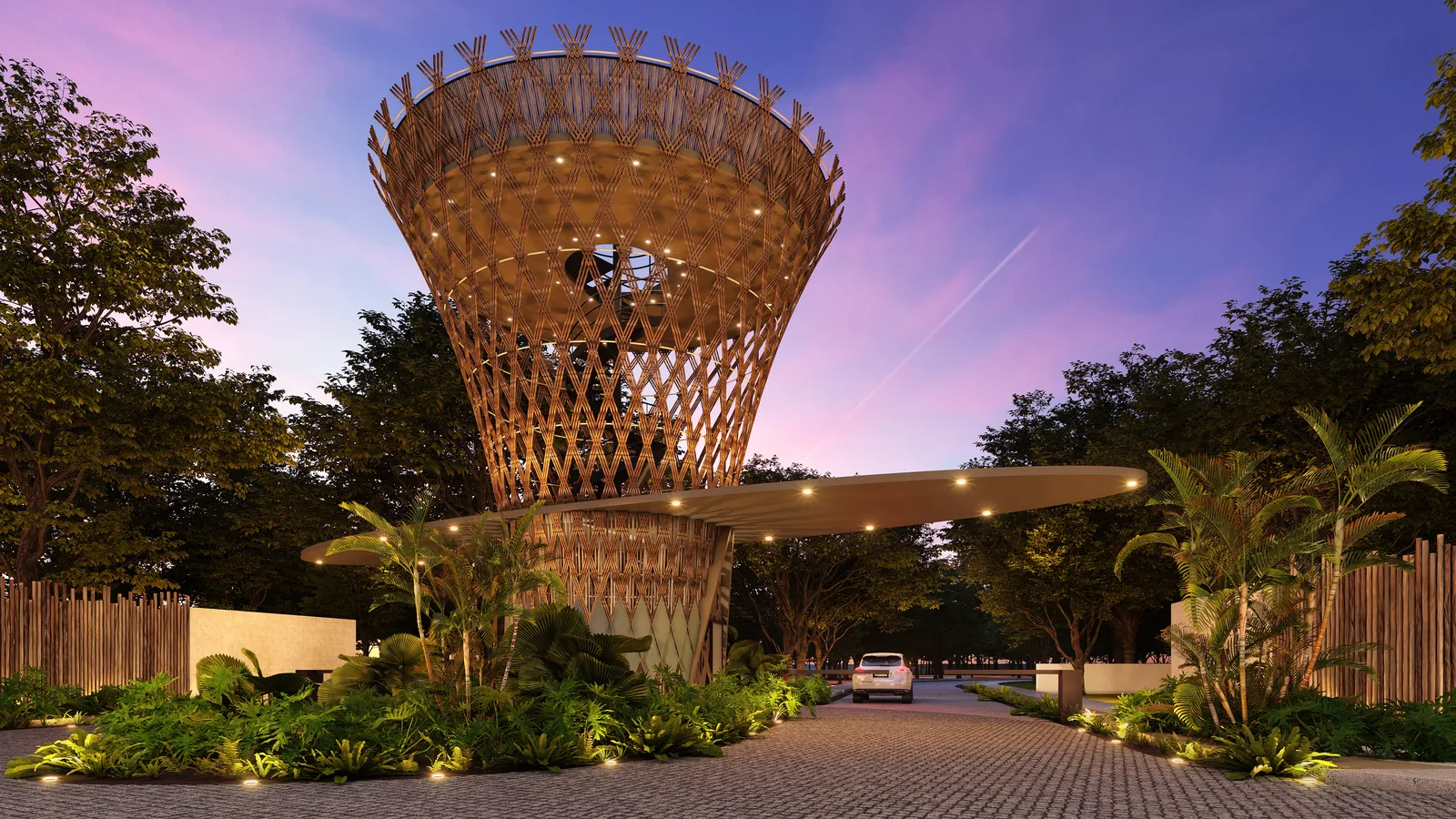 Architectural render of a woven tower entrance at dusk