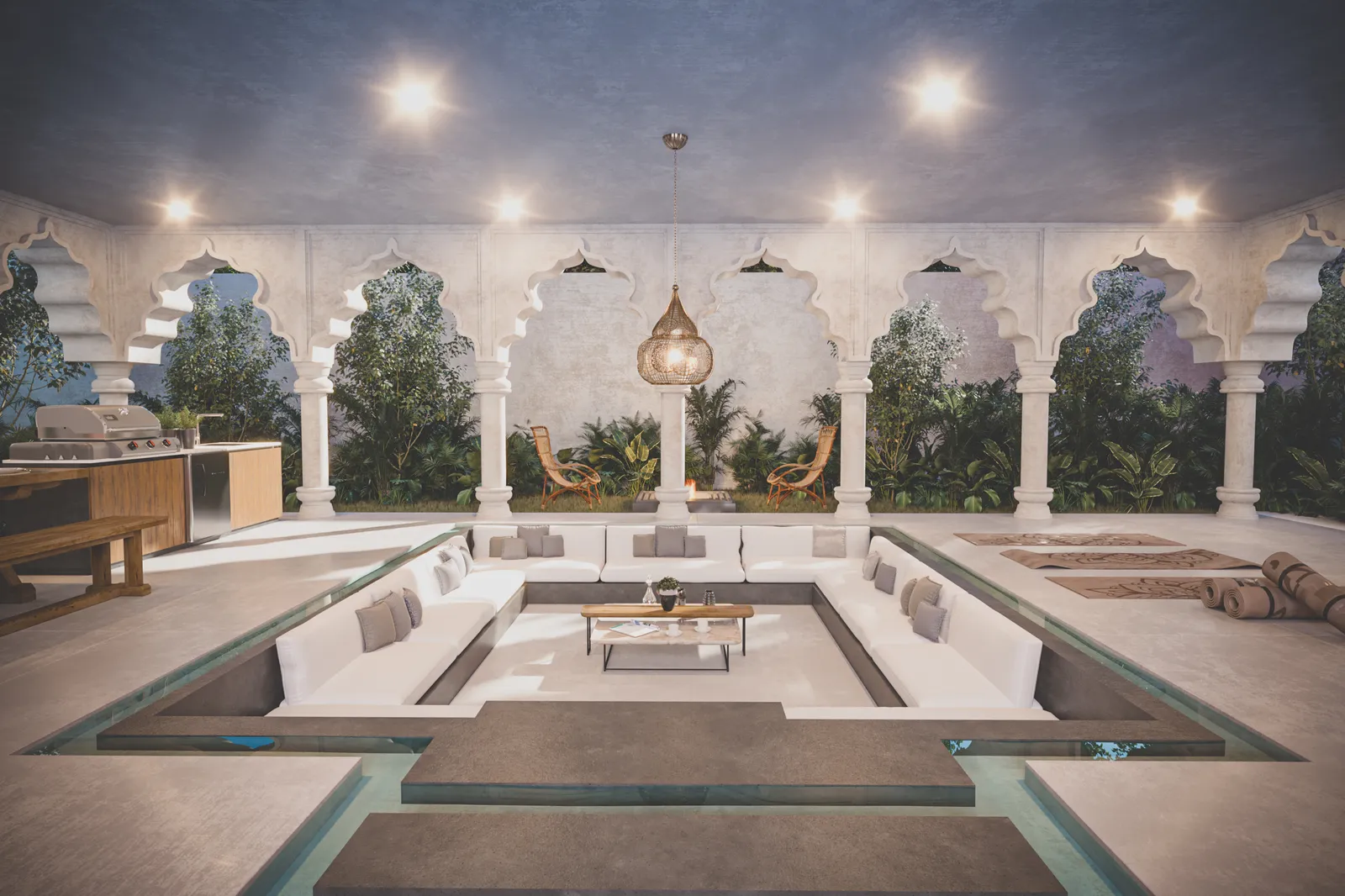 Luxury rooftop terrace with sunken seating and outdoor kitchen