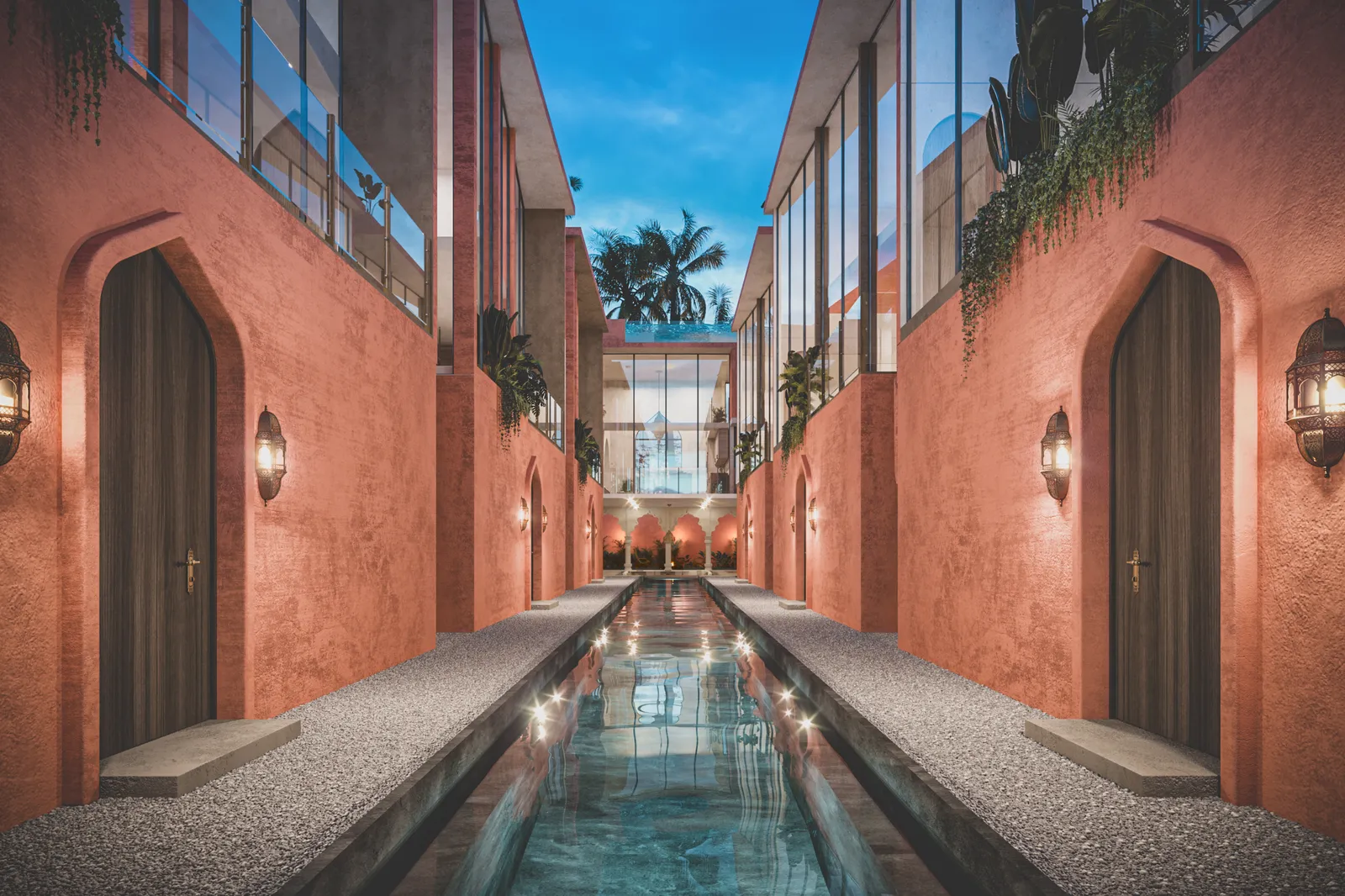 3D render of a pool walkway with terracotta walls