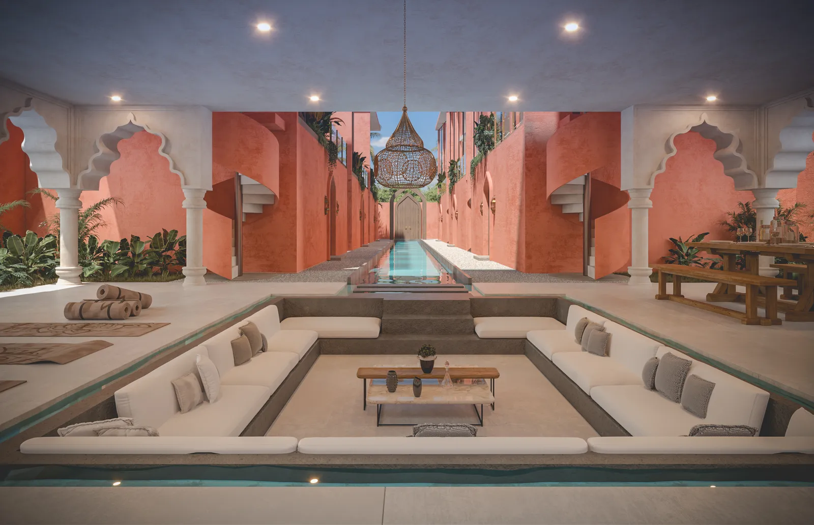 3D render of a courtyard with pool and seating