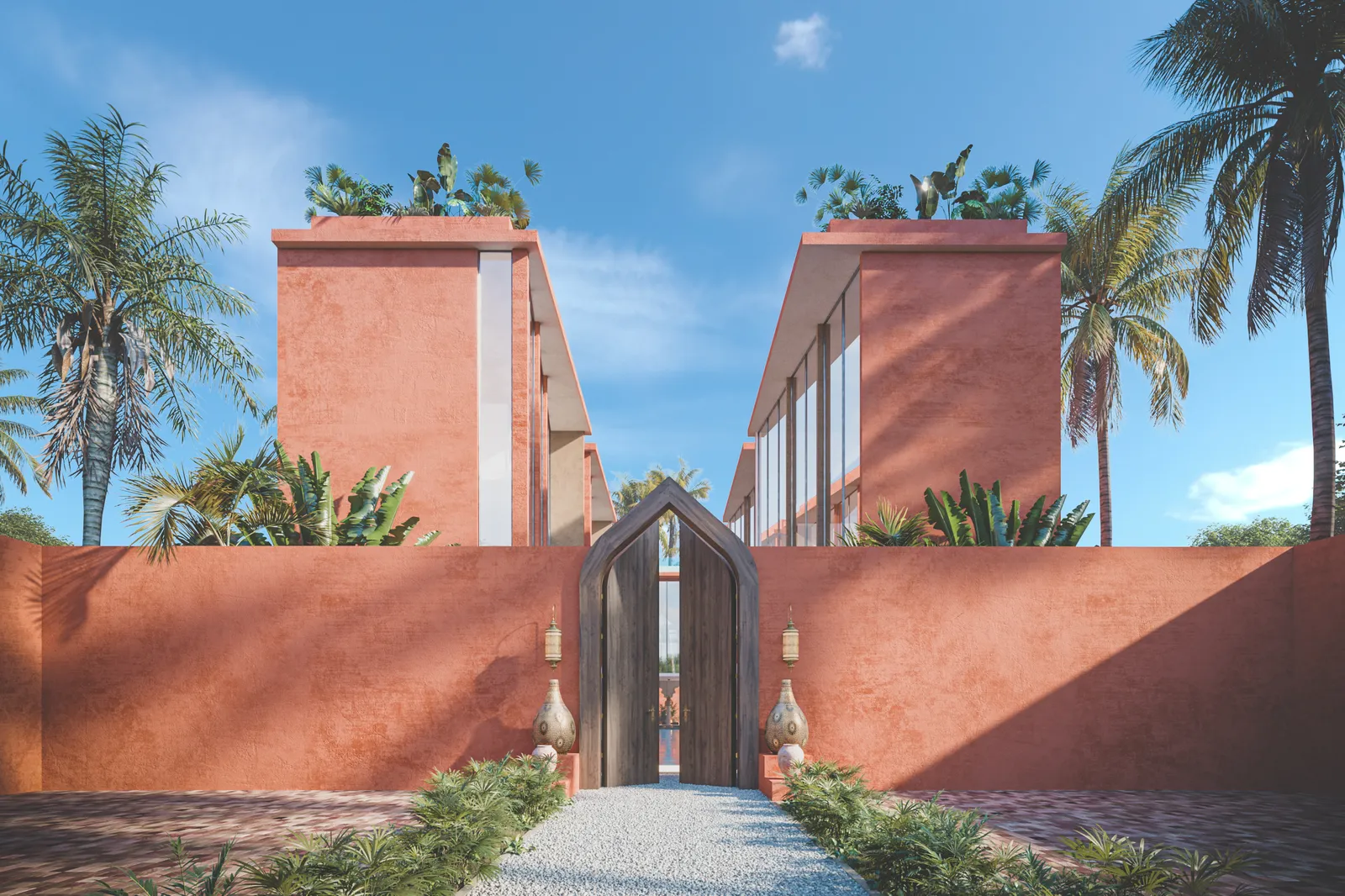 Modern terracotta house exterior with wooden gate