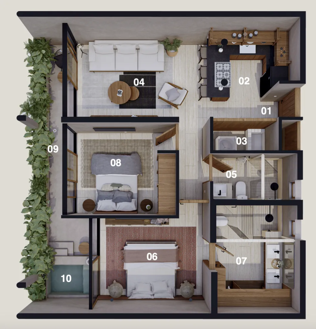 3D isometric floor plan showing apartment layout and rooms