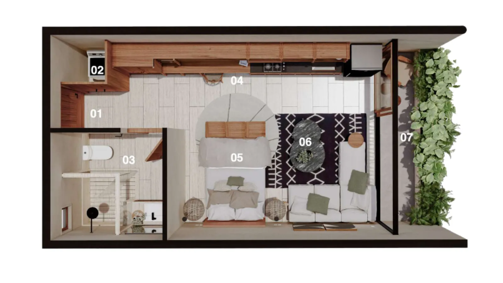 3D floor plan of a furnished apartment layout