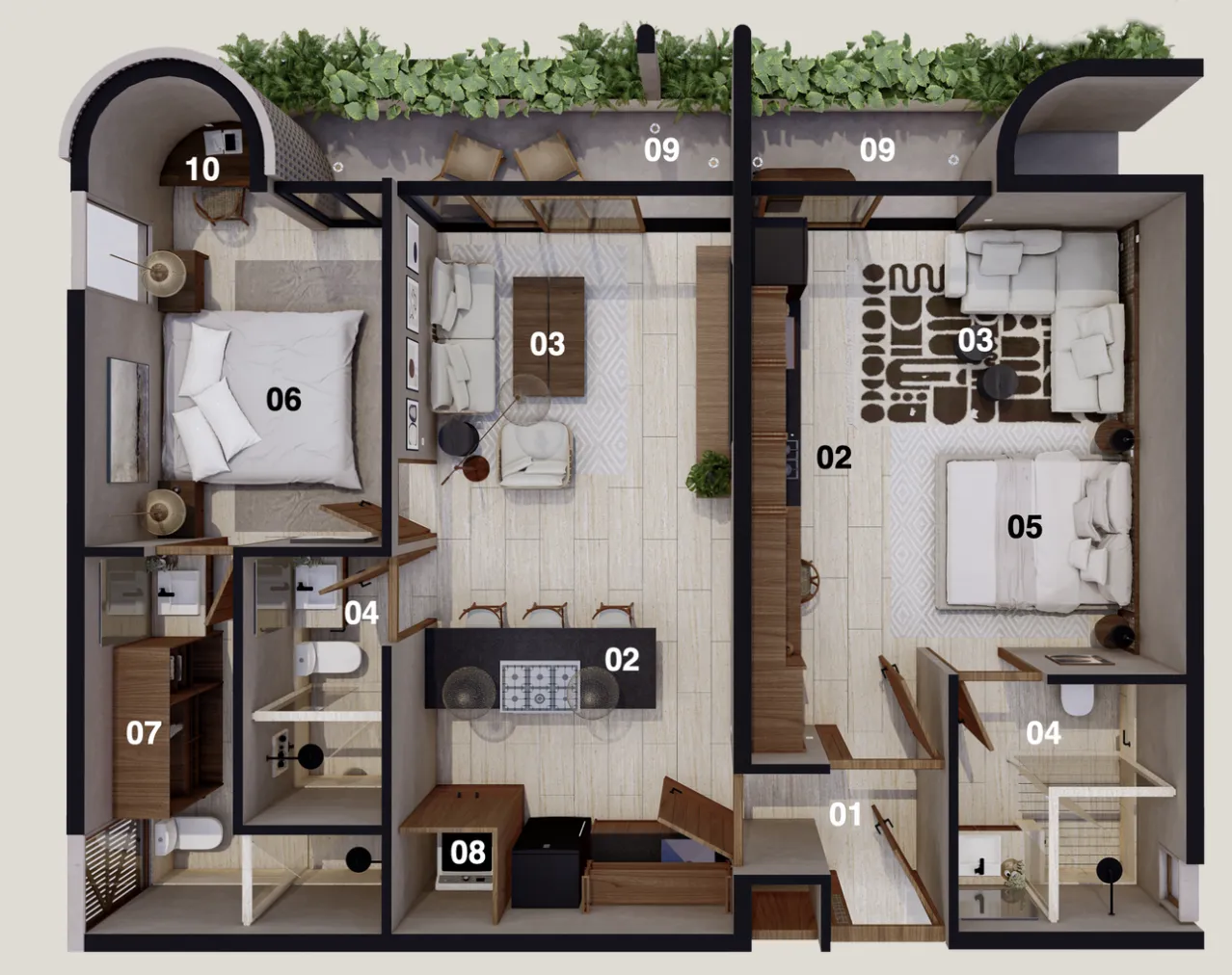 3D floor plan showing apartment layout and furniture