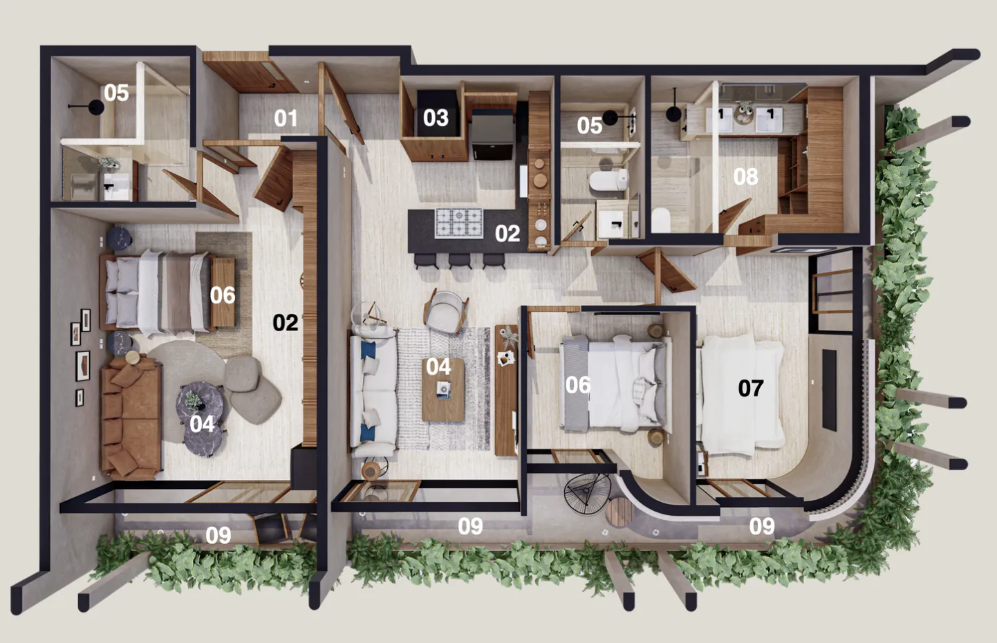 3D architectural floor plan of a residential apartment
