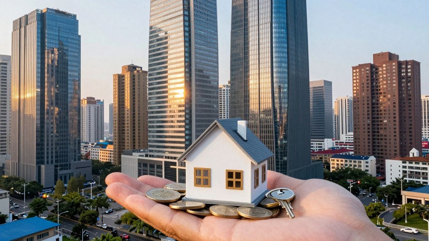 Diverse real estate properties with a hand holding a house model.