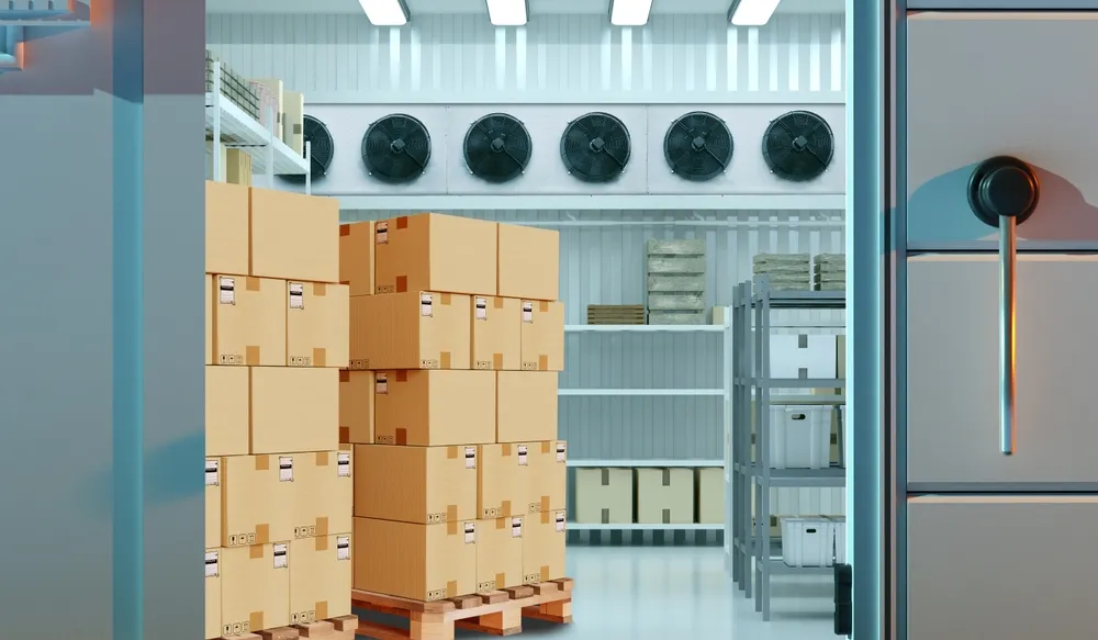 Inside a commercial cool room with boxes