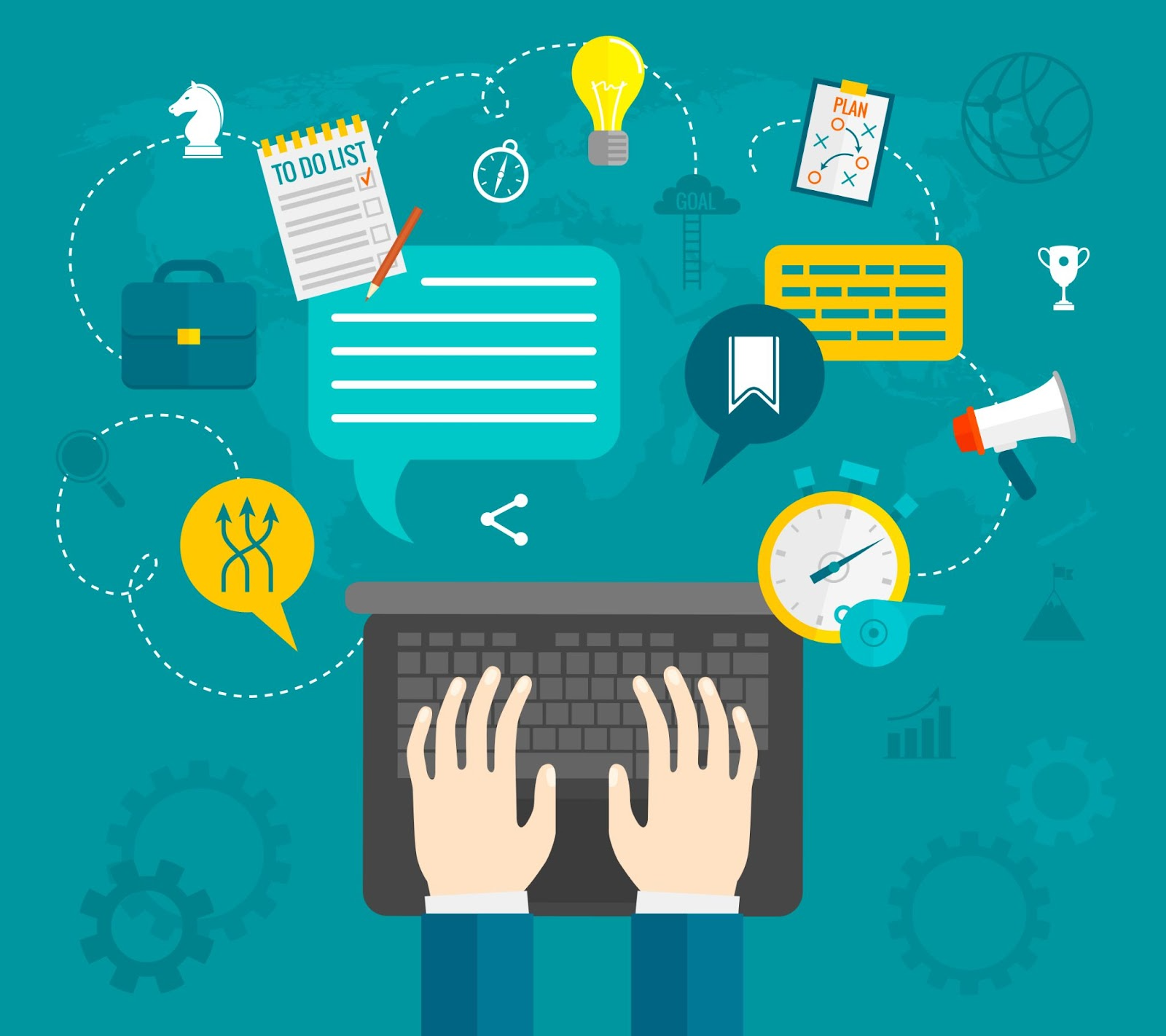 Manos escribiendo en laptop con iconos de planificación financiera personal